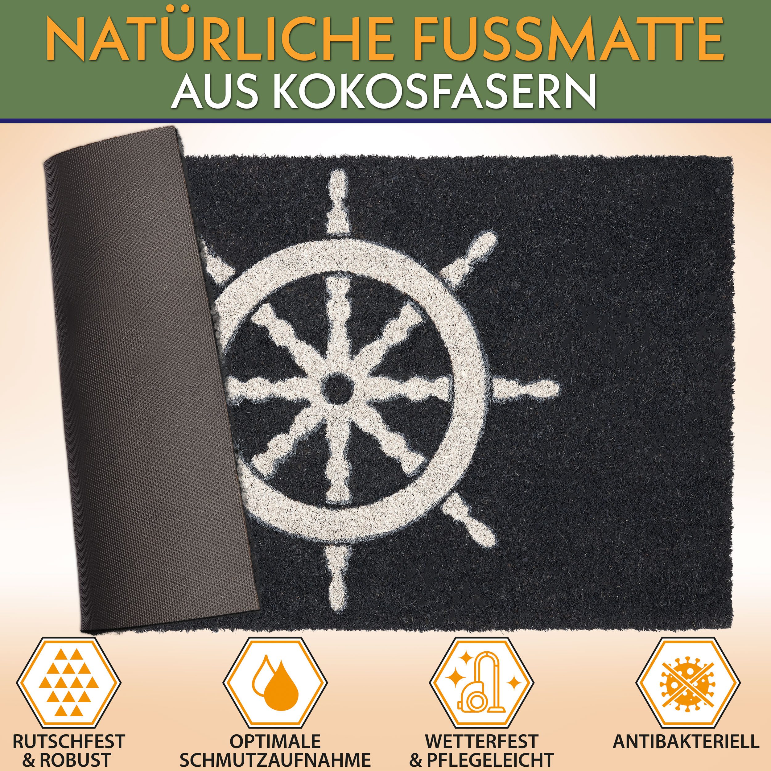 BRUBAKER Fußmatte Steuerrad - 45 x 75 cm Schmutzfangmatte - Blau Weiß, Rechteckig, Höhe: 15 mm, Fußmatte für Außen und Innen aus Kokos - Wetterfest und Rutschfest