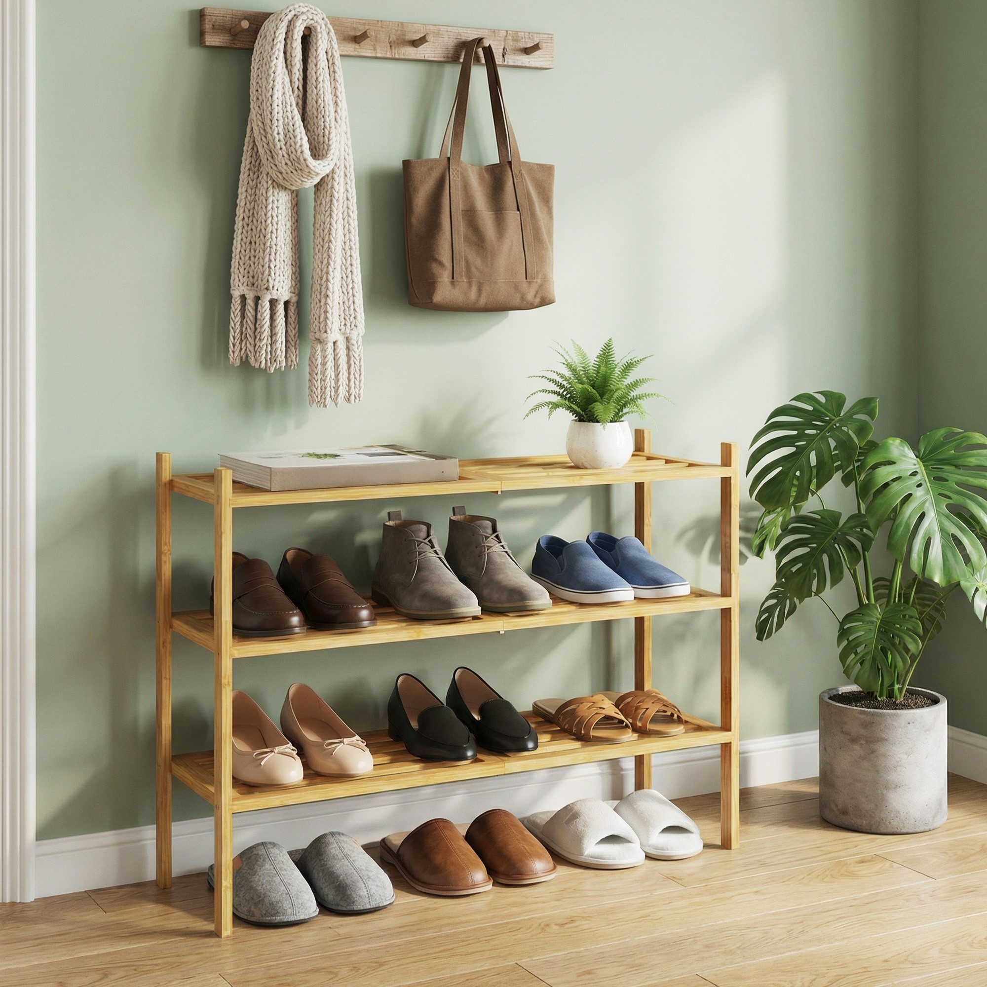 SONGMICS Schuhregal aus Bambus, Schuhablage 3 Ebenen, stapelbar, Regal für 12-16 Paar Schuhe, 25 x 70 x 51,5 cm