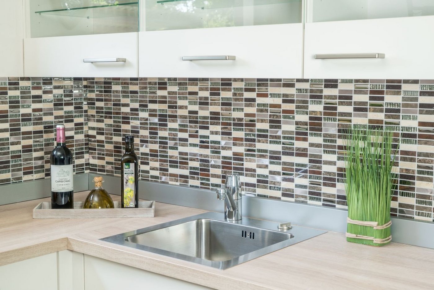 Thumbnail - Mosani Mosaikfliesen Glasmosaik Naturstein Alu Mosaik beige silber schwarz matt / 10 Matten