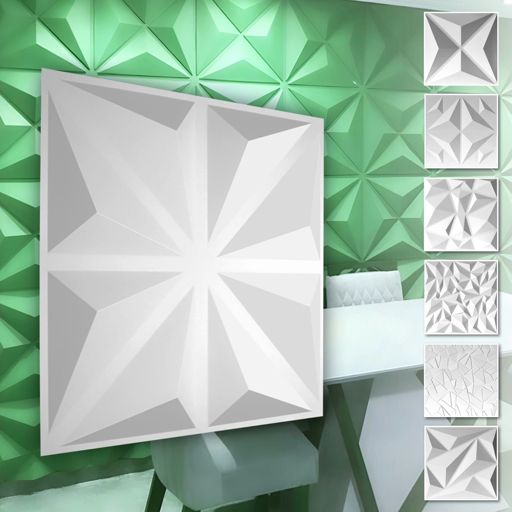 Hexim Wanddekoobjekt HD017 (PVC Kunststoff - weiße Wandverkleidung mit 3D Optik - Diamond Motive (2 qm 8 Platten) Diamant Akustik Dekor)