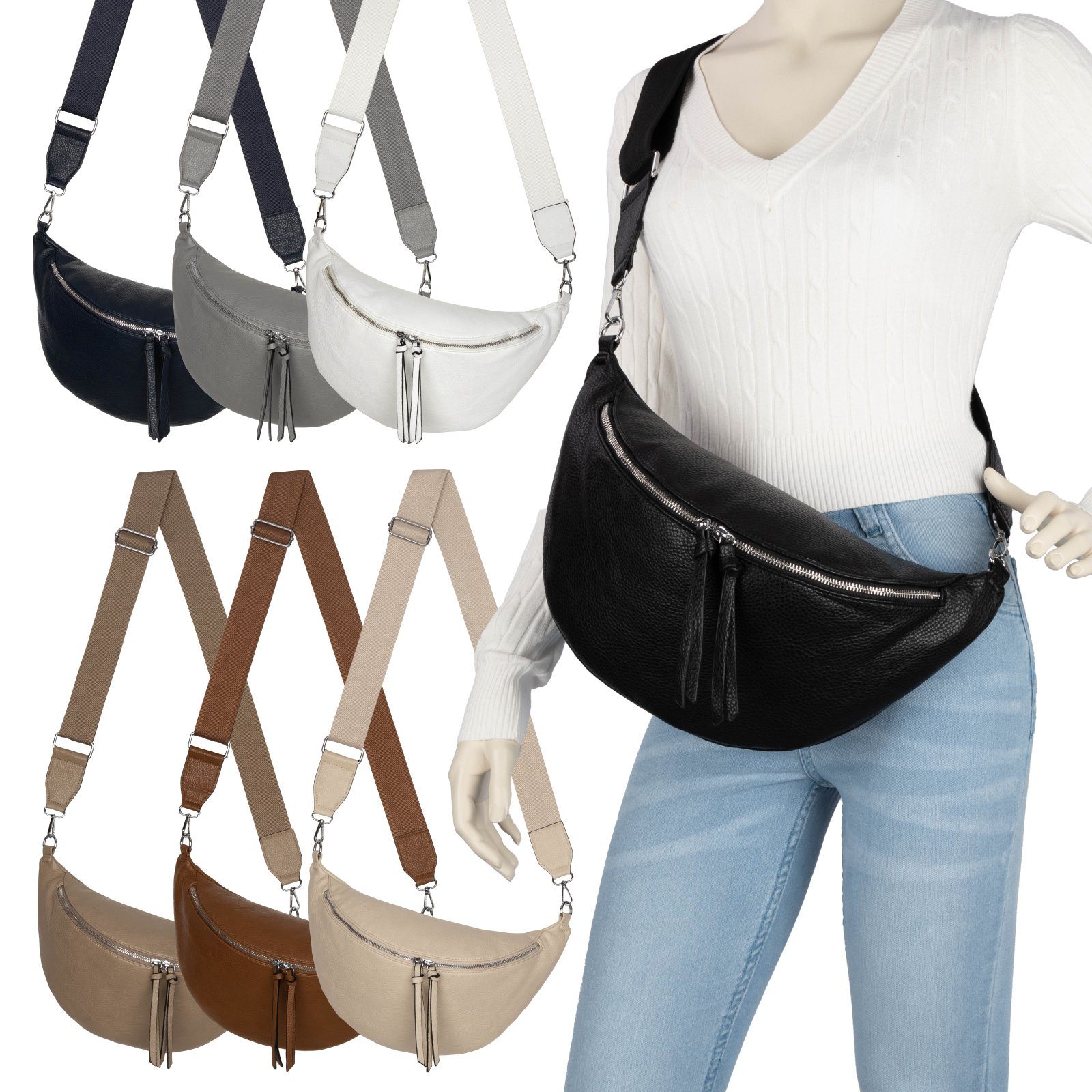 EAAKIE Gürteltasche Bauchtasche XL Umhängetasche Crossbody-Bag Kunstleder Italy-Design, als Schultertasche, CrossOver, Umhängetasche tragbar