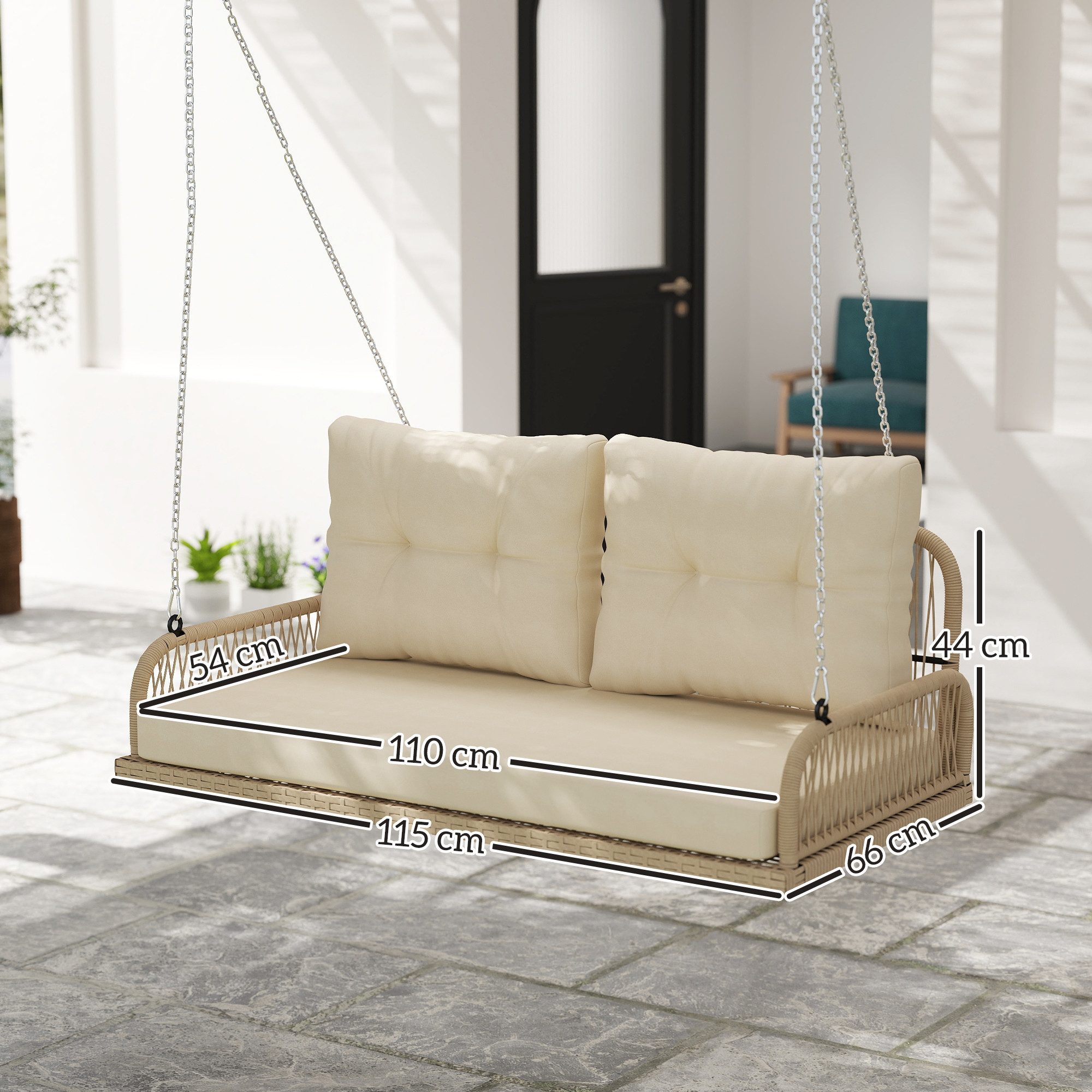 Outsunny Hollywoodschaukel mit Kissen, Ketten, bis 240 kg belastbar, 2-Sitzer, Schaukeln, Rattan Gartenschaukel, 1 tlg., 2-Sitzer Hängebank, für Garten, Balkon, 115 x 66 x 44 cm, Beige