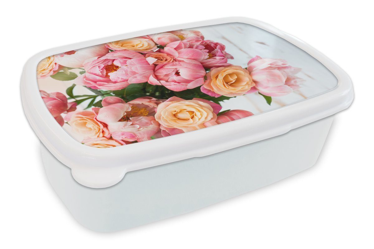 MuchoWow Lunchbox Rosen - Pfingstrose - Orange, Kunststoff, (2-tlg), Brotbox für Kinder und Erwachsene, Brotdose, für Jungs und Mädchen weiß