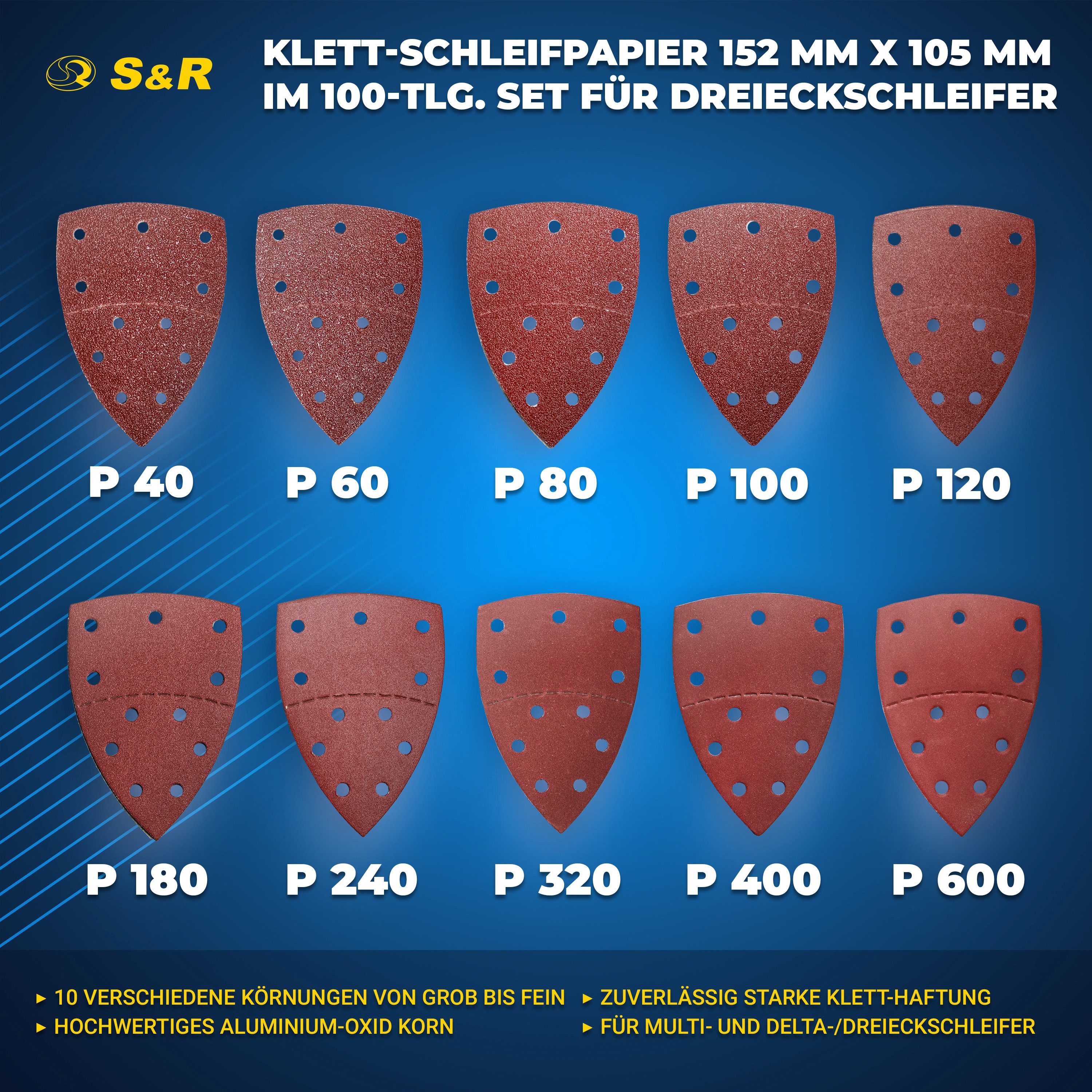 S&R Schleifdreieck Schleifpapier Profi Set 105 mm x 152 mm für professionellen Einsatz, (Set, 60 St., Je 10x P40, P60, P80, P120, P180 und P240), für Metallen, NE-Metallen, Stahl und Legierungen, Holz, Kunststoffe