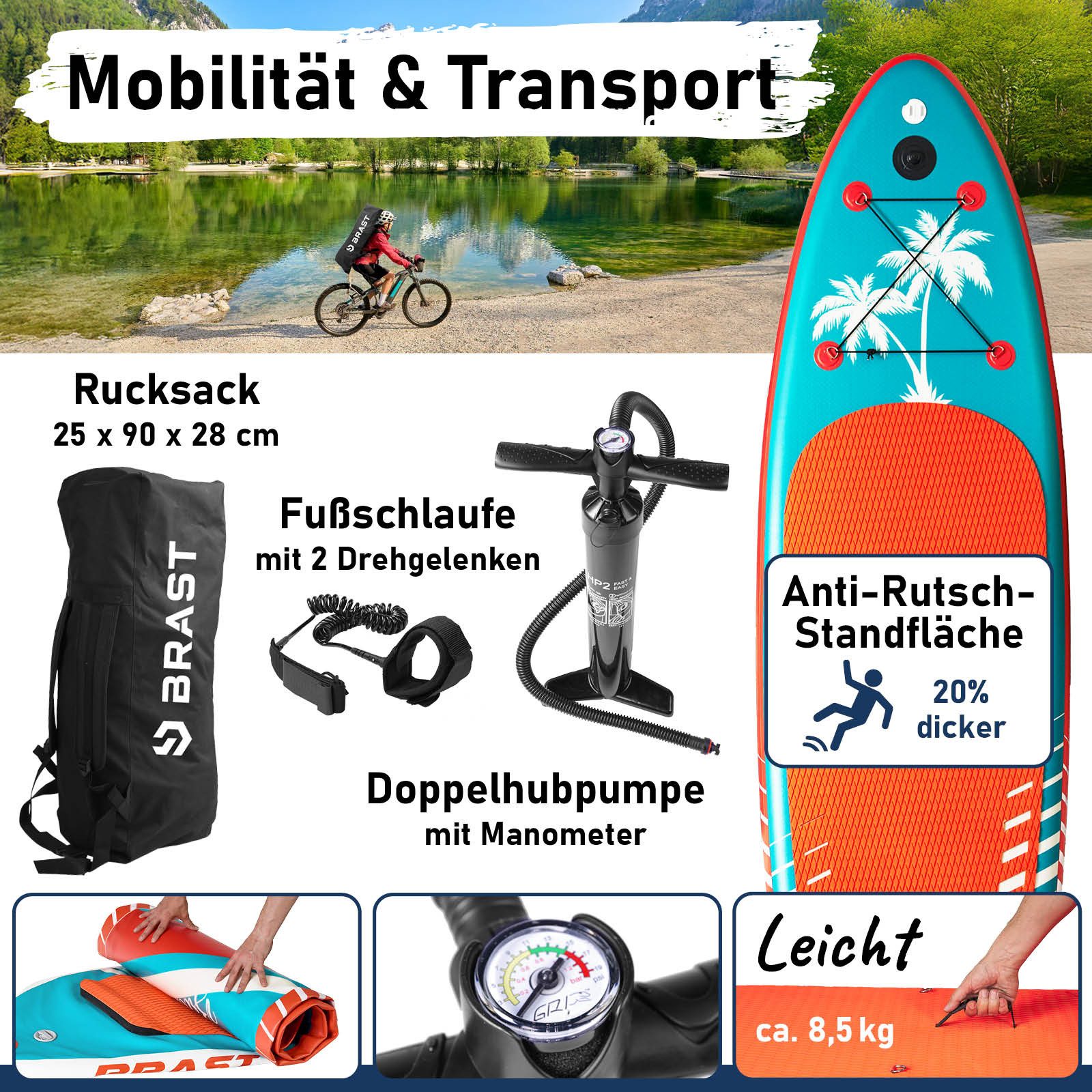 BRAST SUP-Board mit LEDs Aufblasbares Stand up Paddling Set - 320x81x15cm, 5 Jahre Garantie inkl. Sonderzubehör, (2in1 Paddel Kajak-Sitz Action-Cam-Halterung, Beleuchtung mit 10 Farben), Fußschlaufe Paddel Pumpe Rucksack