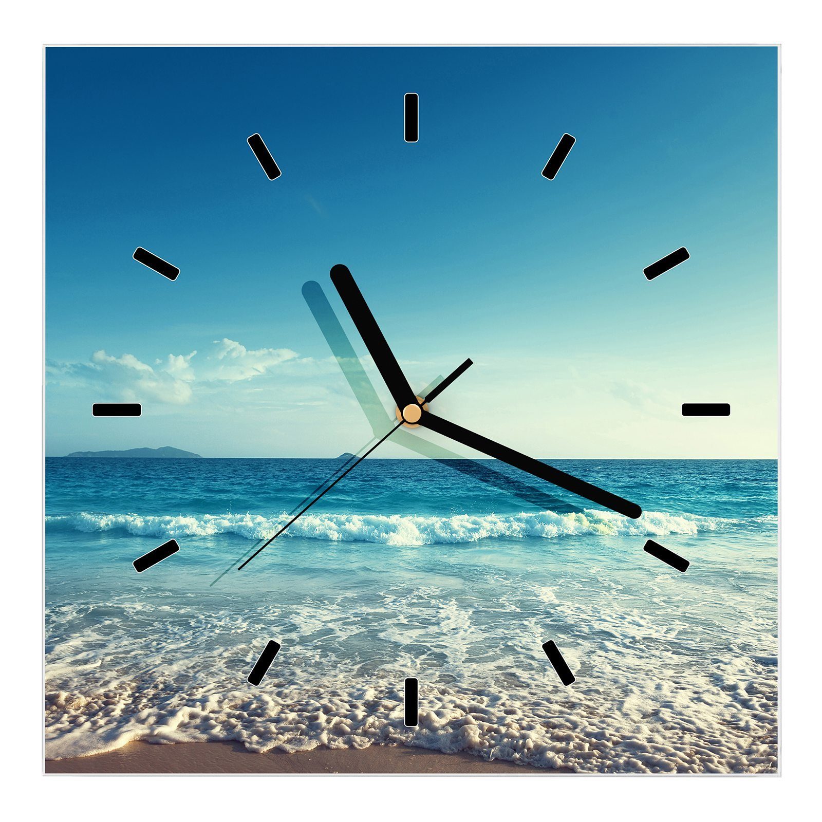 Primedeco Wanduhr Glasuhr Wanduhr Wandkunst Größe 30 x 30 cm mit Motiv Sonnenuntergang am Strand