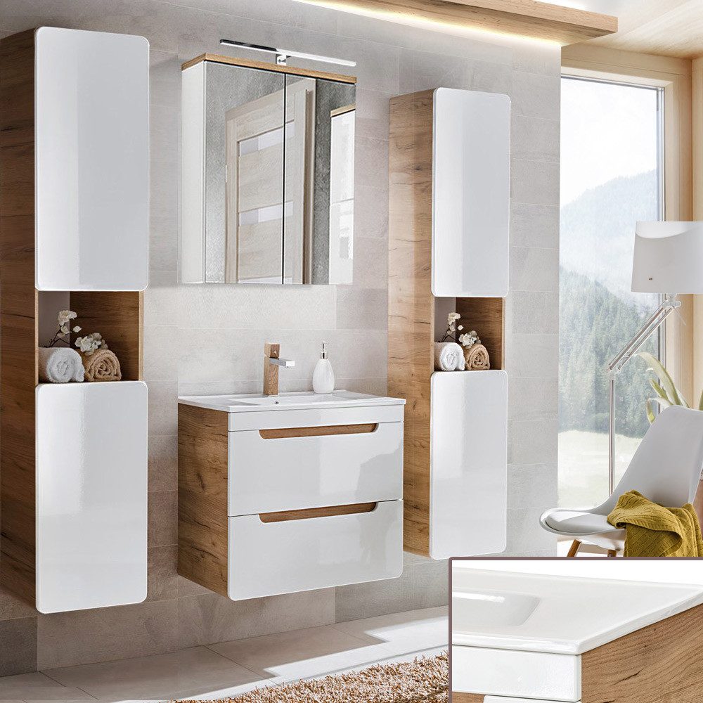 Lomadox Spiegelschrank LUTON-56 Badezimmer 60 cm LED-Beleuchtung weiß mit Wotan Eiche Nb. 60/70/20 cm – Bild 3 von 3