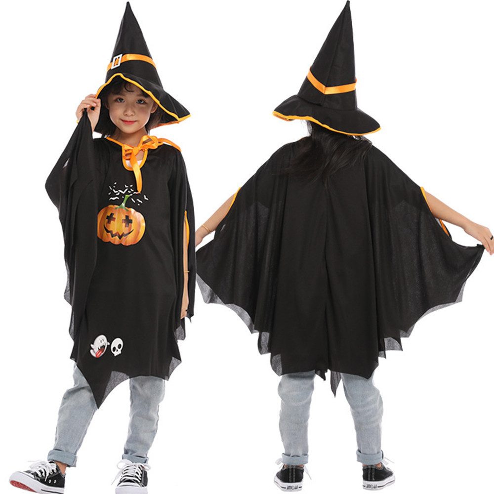 Halloween-Umhang-Set Für Kinder – Mit Kapuze, Hut, Augenbinde & Bonbontüte, Orange Mit Goldenen Sternen