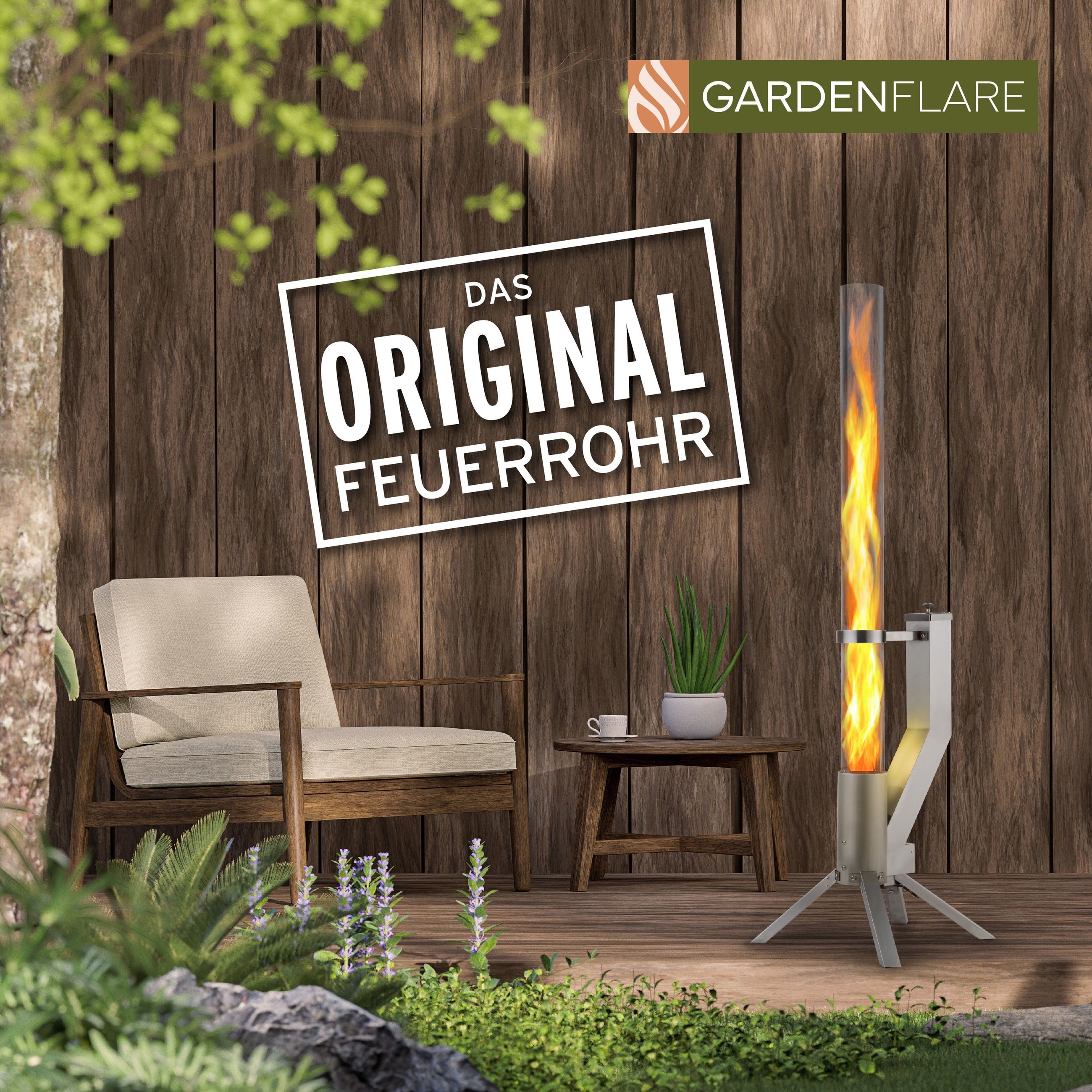 Gardenflare Gartenkamin /Feuerrohr elegante Edelstahl Feuersäule und Pelletfackel, Elegantes Design & Premium-Qualität