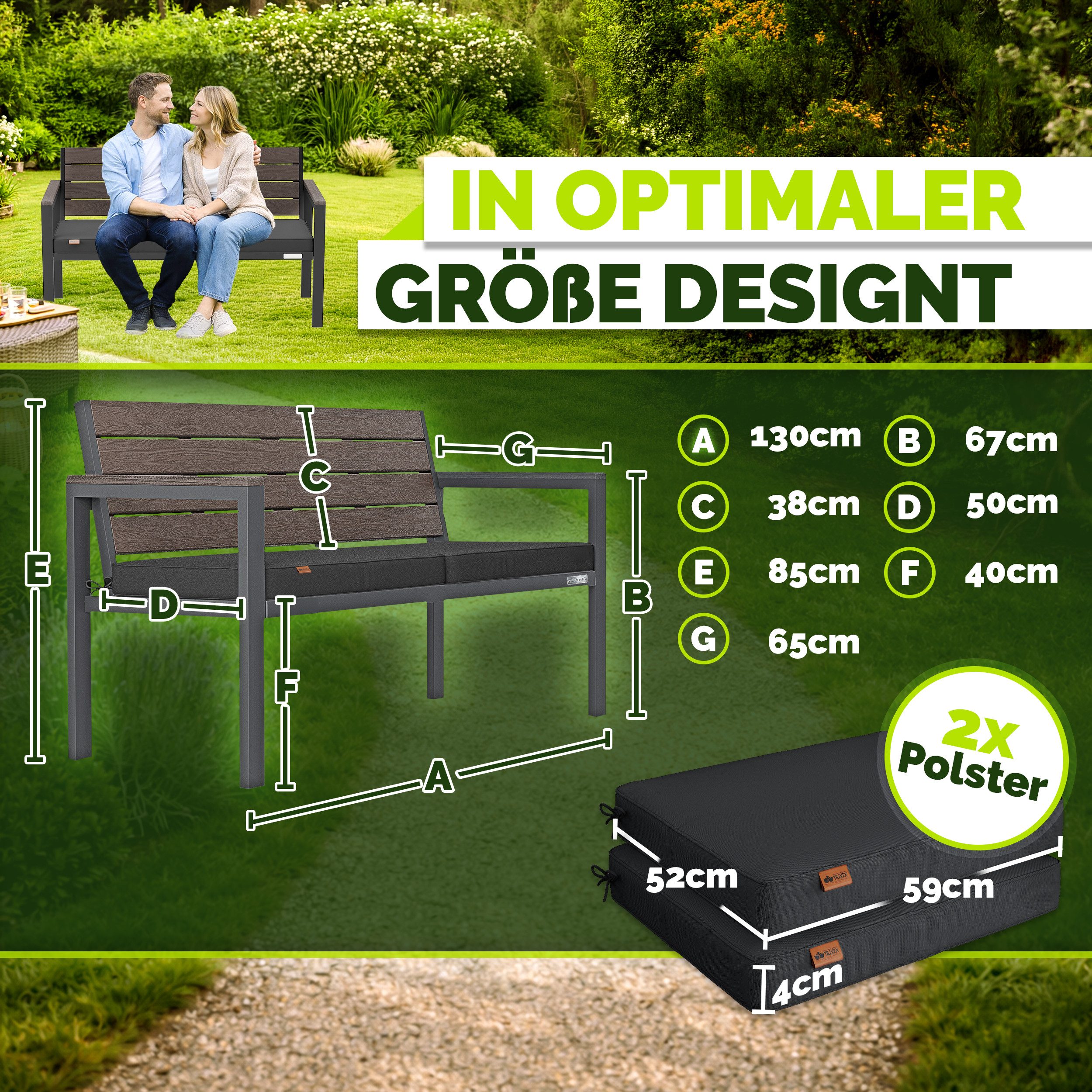 tillvex Gartenbank tillvex® Gartenbank mit Abdeckung & Kissen in Holzoptik bis 300kg (Garten Terrasse Balkon mit waschbarem Bezug, Parkbank in Holzoptik belastbar UV-beständig Sitzbank), Wetterfest 2-3 Sitzer mit Abdeckung & Kissen bis 300 kg