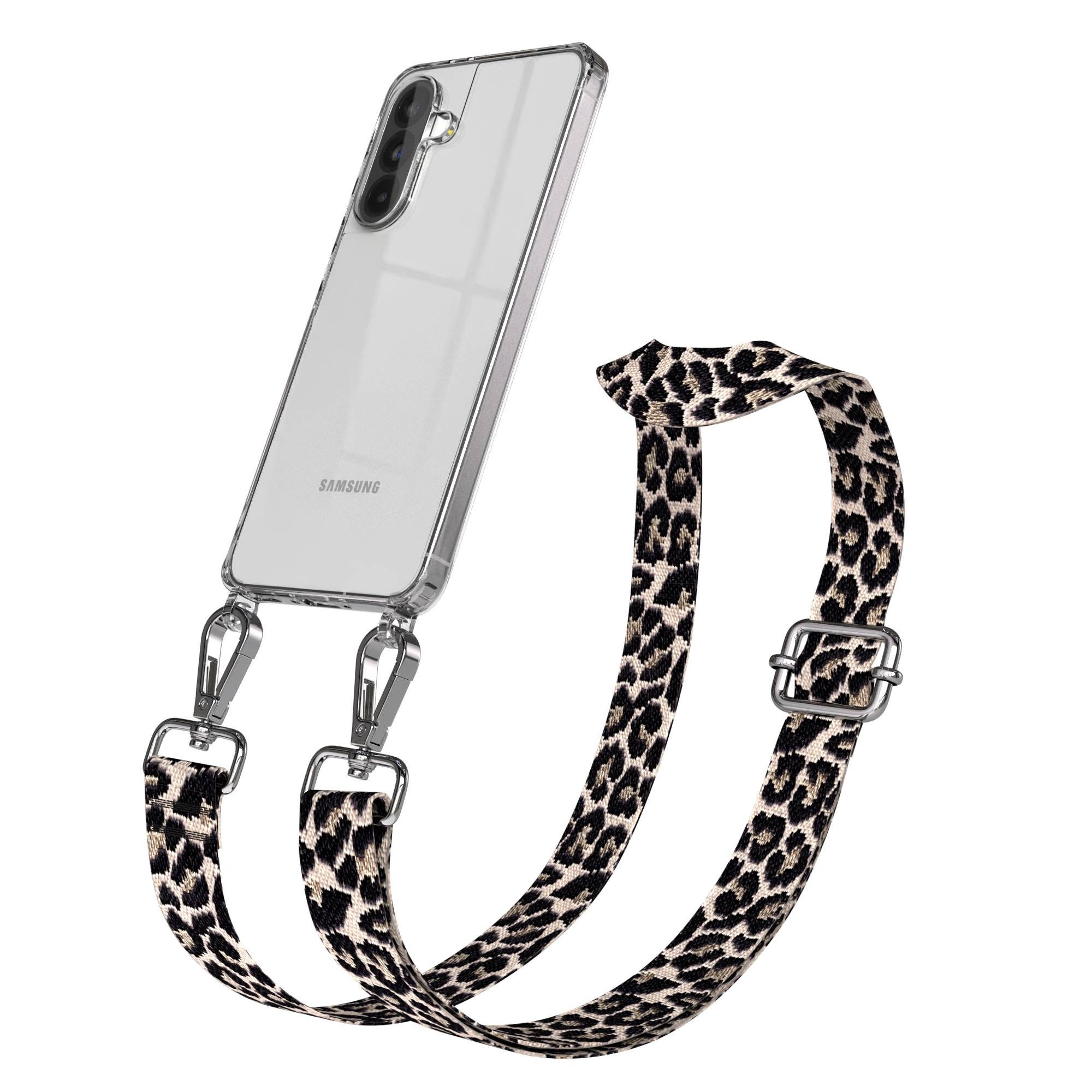 EAZY CASE Handykette Boho Umhängeband für Samsung Galaxy A56 6,7 Zoll, Kettenhülle abnehmbare Kordel Slim Clear-Cover Leo-Style Schwarz Beige