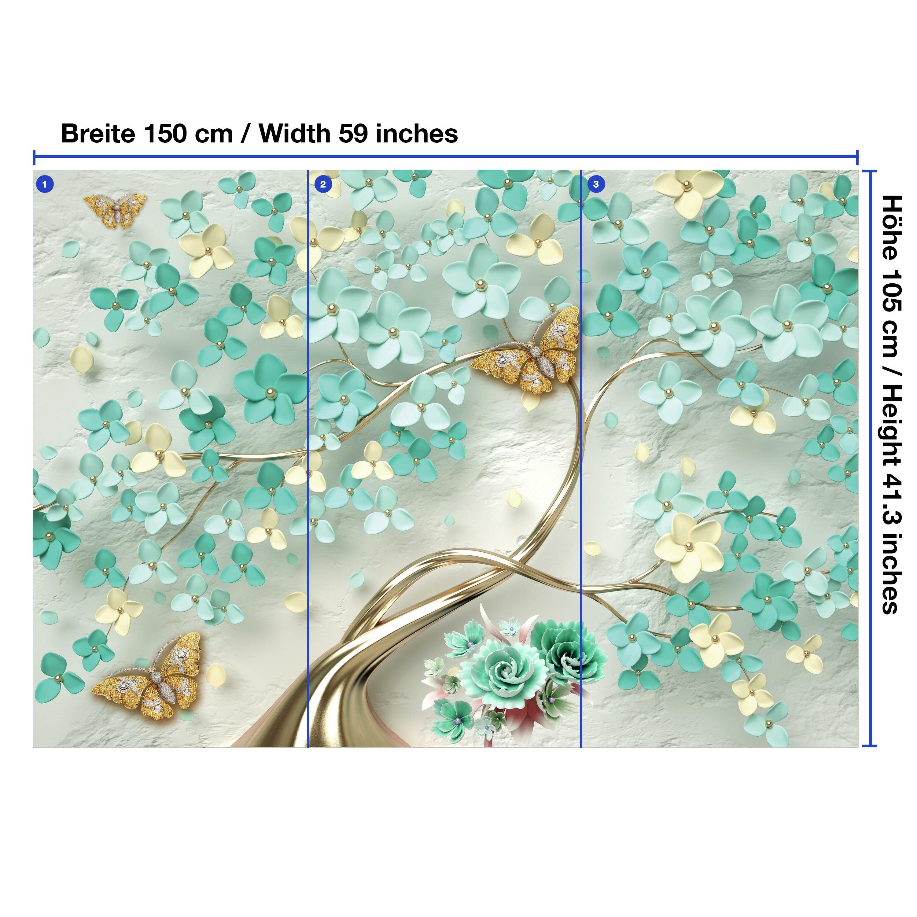 wandmotiv24 Wandtapete, türkis, Fototapete matt, glatt, Blütenbaum Motivtapete, Vliestapete Schmetterlinge