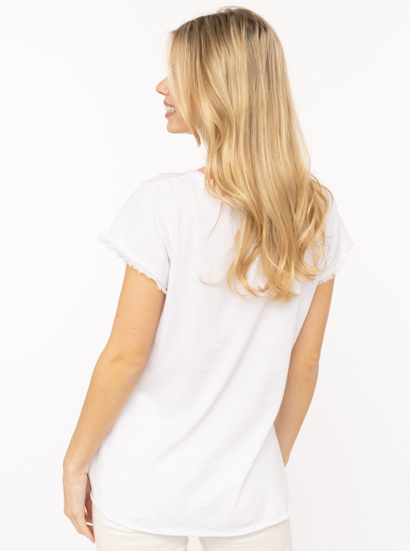 Zwillingsherz Kurzarmshirt "Positive Mind Neonkante" ausgefranste Kanten, V-Ausschnitt mit Neonkante, kurzarm, Stempeldruck