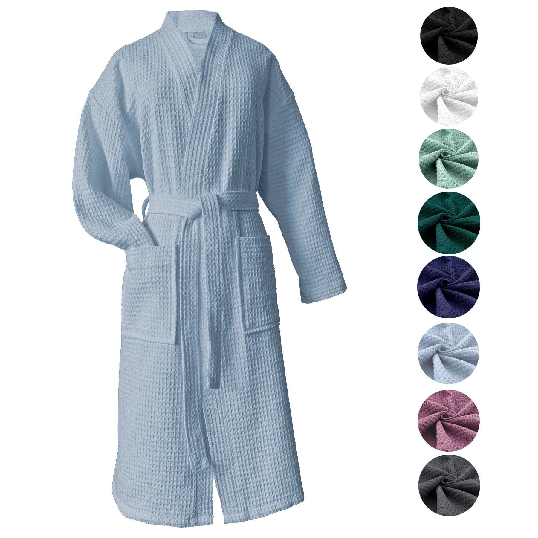 heimtexland Bademantel Reisebademantel Saunamantel Waffelpique Morgenmantel, Midilänge, Baumwolle, 2 Taschen I Bindegürtel, Gürtel, leicht I atmungsaktiv I kleines Packmaß I 100% Baumwolle