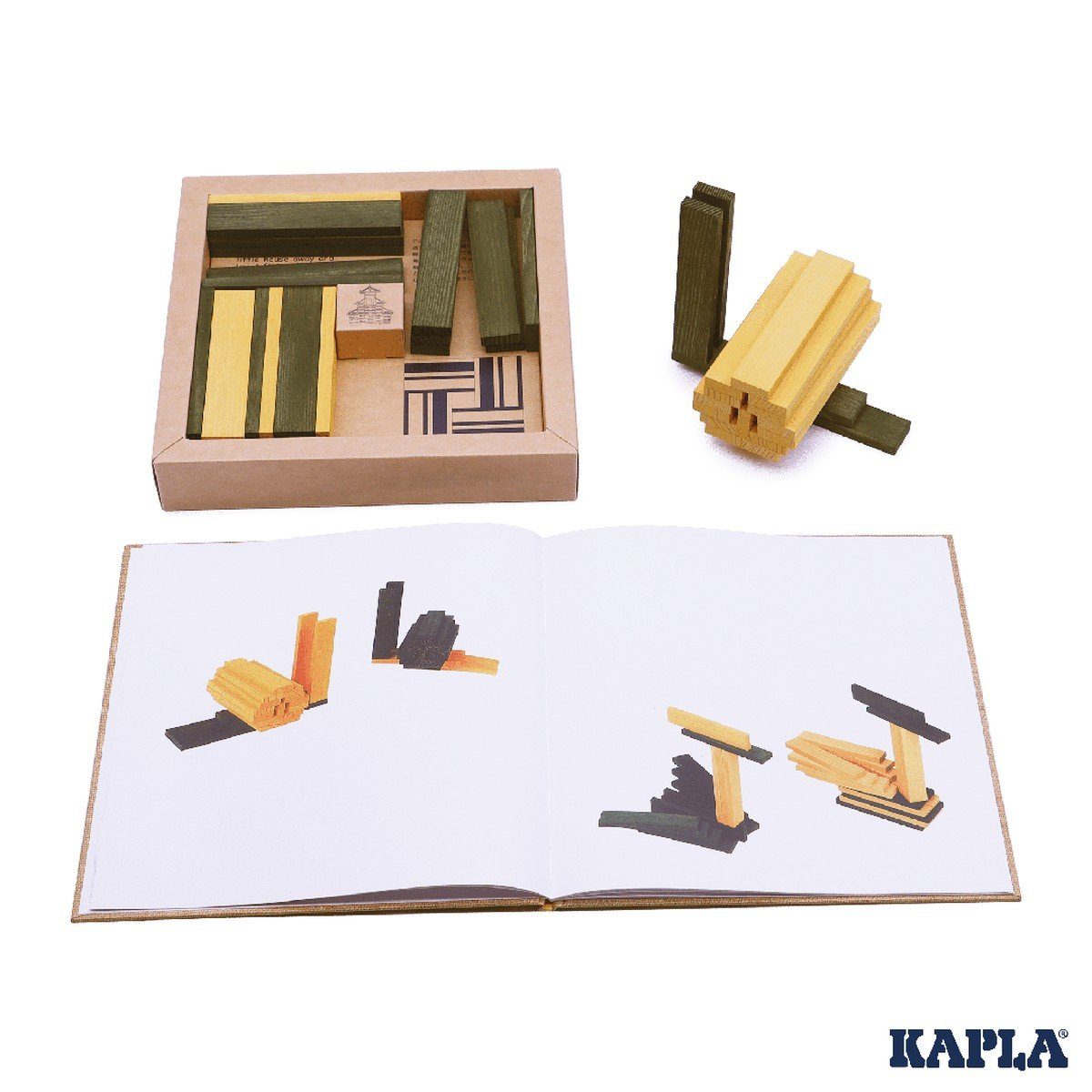 KAPLA® 40 Holzbausteine grün/gelb + Buch Pinienholz Spielbausteine