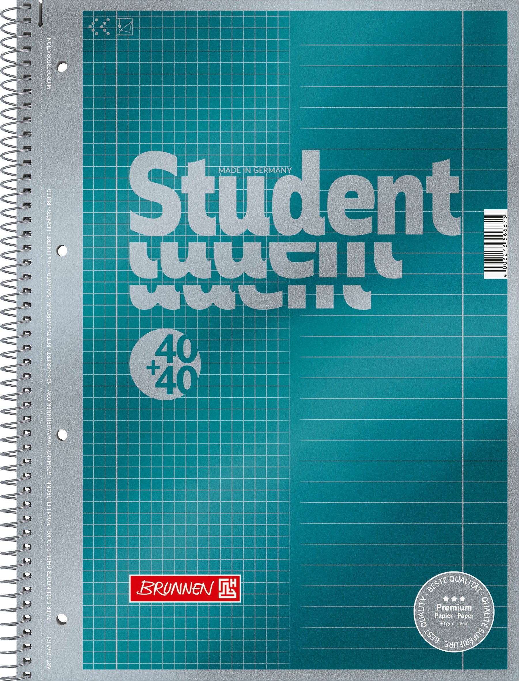 BRUNNEN Notizblock Collegeblock Premium Student "Duo" A4 40 Blatt kariert 40 Blatt linier