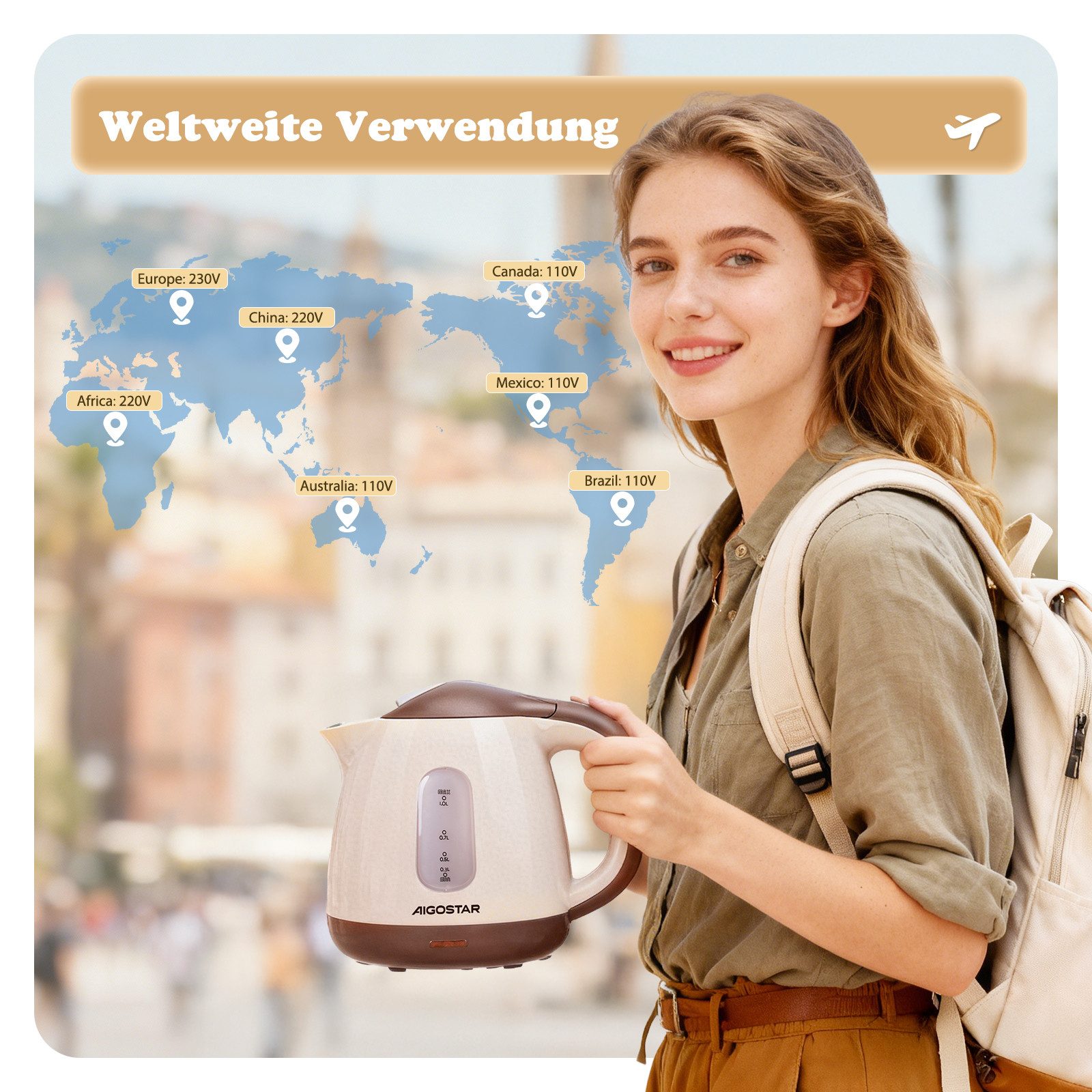 Aigostar Wasserkocher Mini Wasserkocher Klein 1L, Reisewasserkocher mit Abnehmbarer Filter, 1 l, 1100,00 W, BPA-Frei, Niedriger Stromverbrauch, Kompakt & Leicht, für Reisen