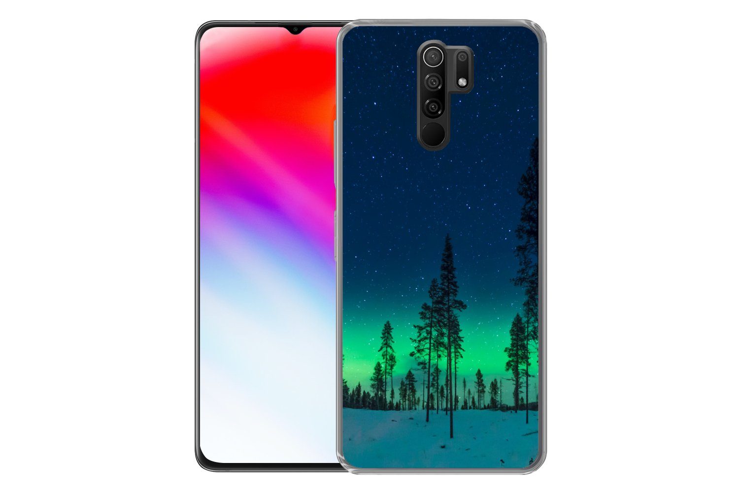MuchoWow Handyhülle für Xiaomi Redmi 9 Nordlicht - Schnee - Bäume - Natur - Grün, Phone Case, Silikon, Schutzhülle Dünn