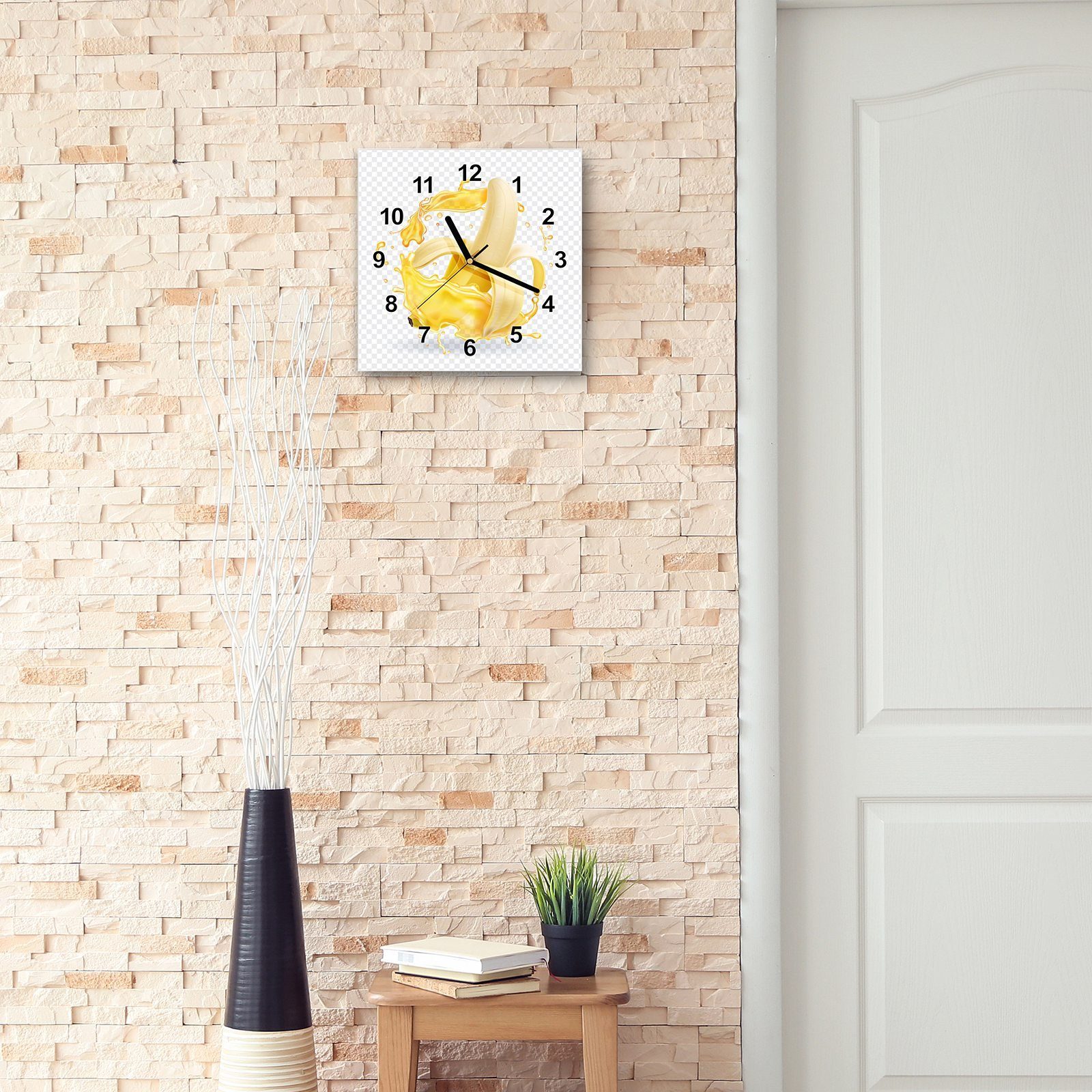 Wanduhr Größe Glasuhr x Wandkunst cm mit Bananensplash Wanduhr Motiv 30 30 Primedeco