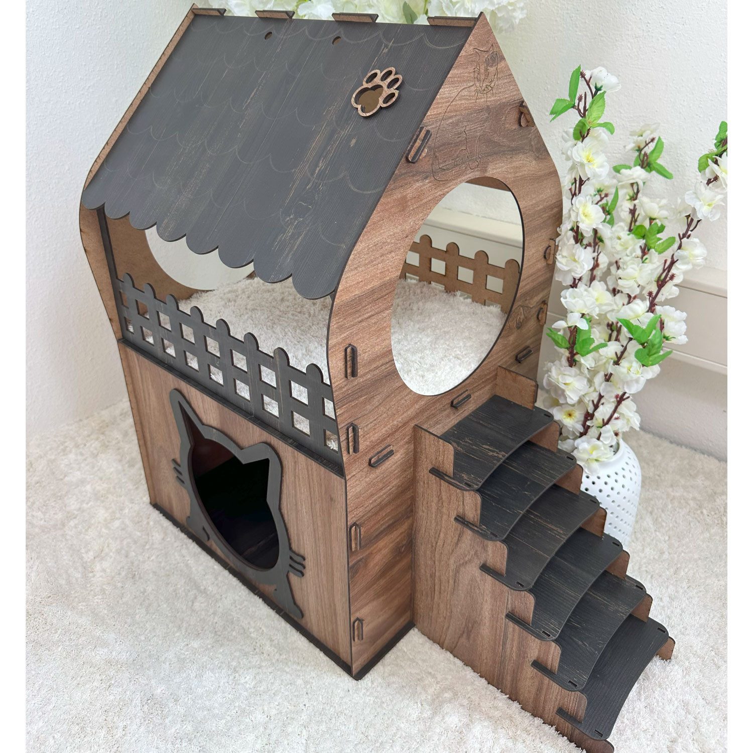 Jungengel Tierhaus Zweistöckiges Katzenhaus Katzenhöhle Katzenmöbel Indoor Holz, Holzoptik, Balkon, Werkzeugloser Aufbau, Katzenöffnung, 2 Etagen