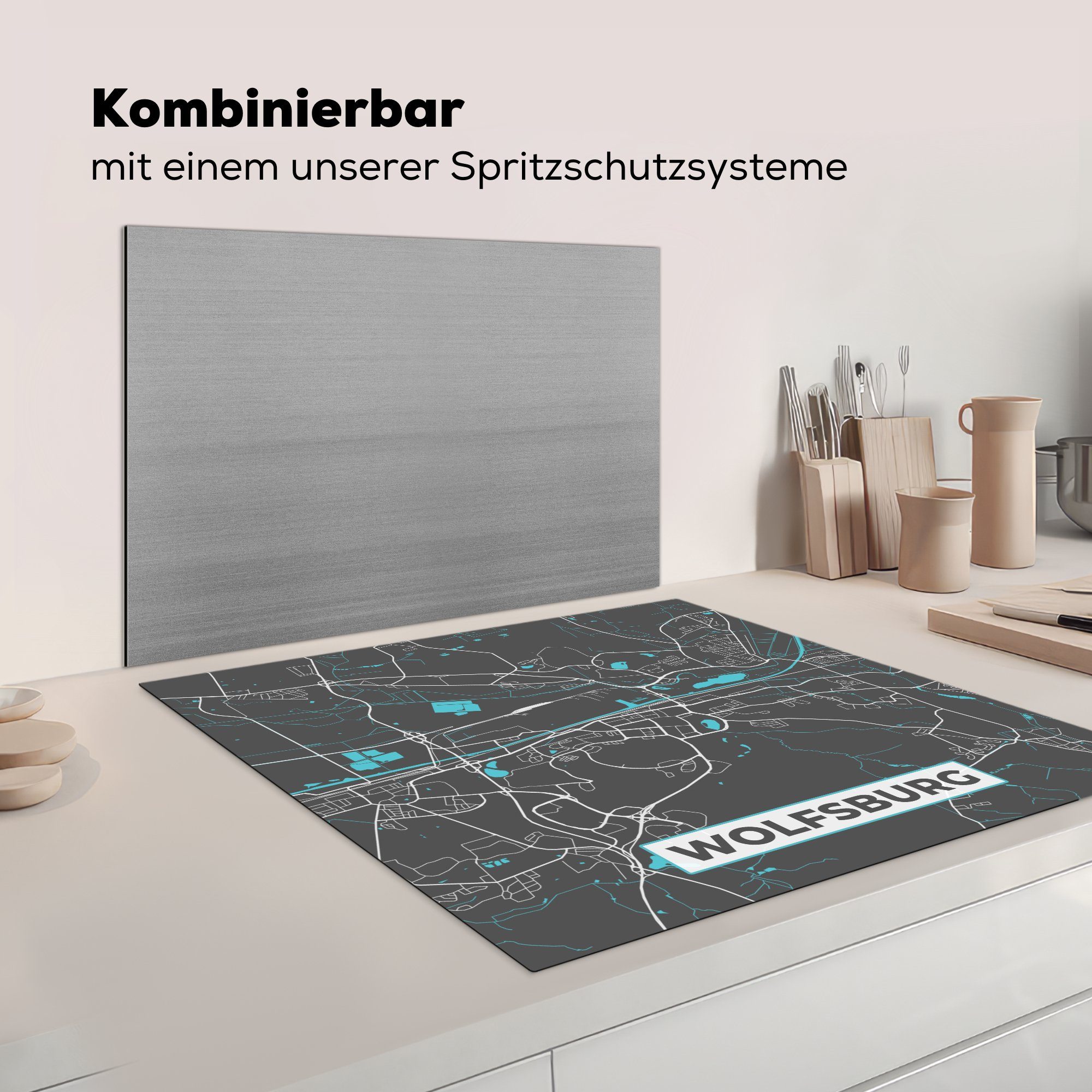 MuchoWow Herdblende-/Abdeckplatte Blau Stadtplan Ceranfeldabdeckung, Karte küche für (1 cm, - Arbeitsplatte - 78x78 tlg), Vinyl, - Deutschland - Wolfsburg