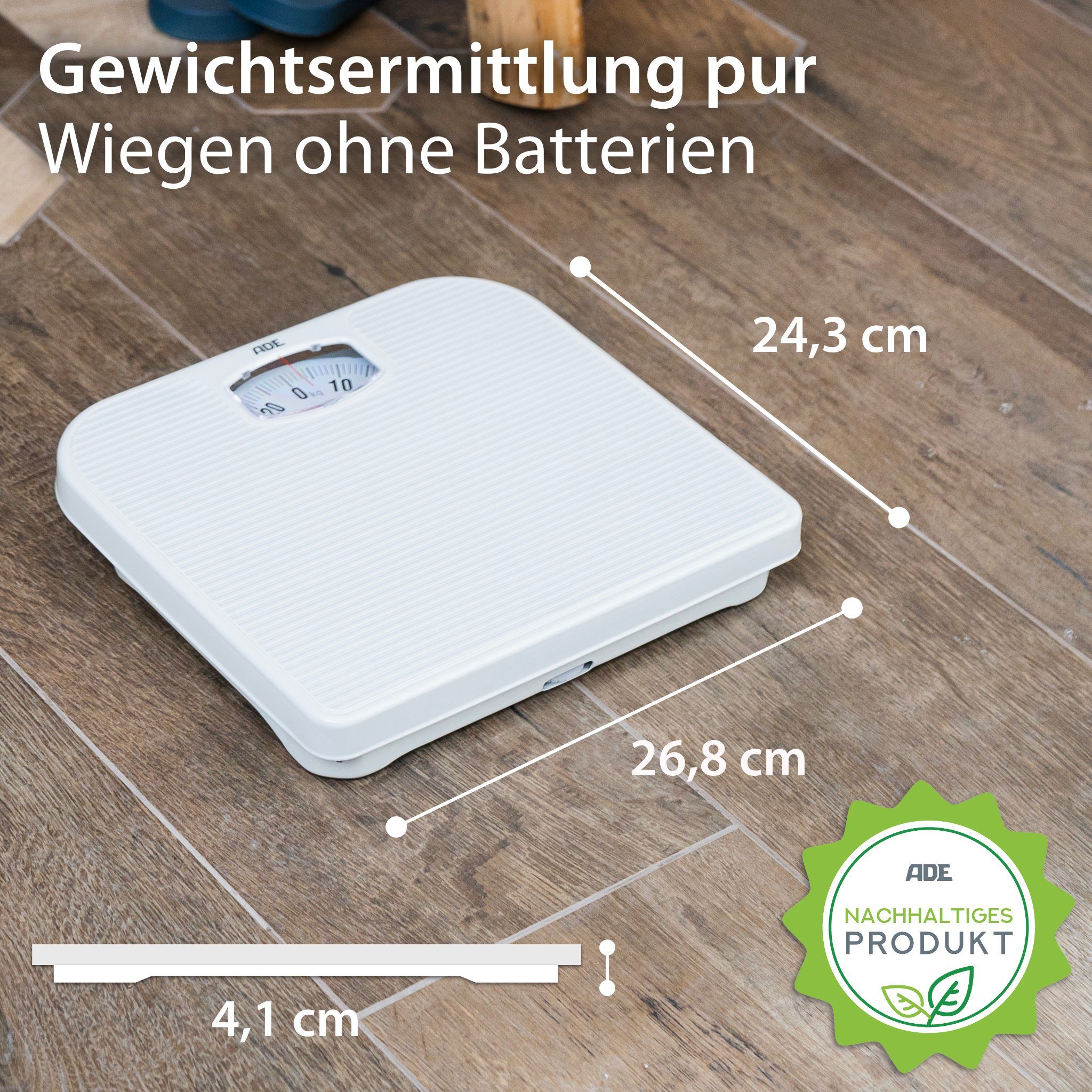 ADE Personenwaage Analoge Körperwaage, mechanische Badezimmerwaage, leicht ablesbare Skala, bis 130 kg, weiß