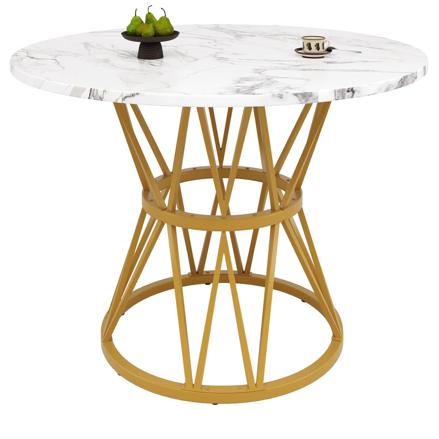 autolock Couchtisch Runder Esstisch,Küchen-Esstisch,Couchtisch für 4 Personen,100×100×76cm, stilvolle Tischbeine aus Metall, Tischplatte aus MDF-Marmor