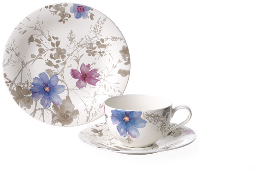 Villeroy & Boch Kaffeeservice Mariefleur Gris Basic (18-tlg), 6 Personen, Fine China-Porzellan, Made in Germany, Fine China Porzellan