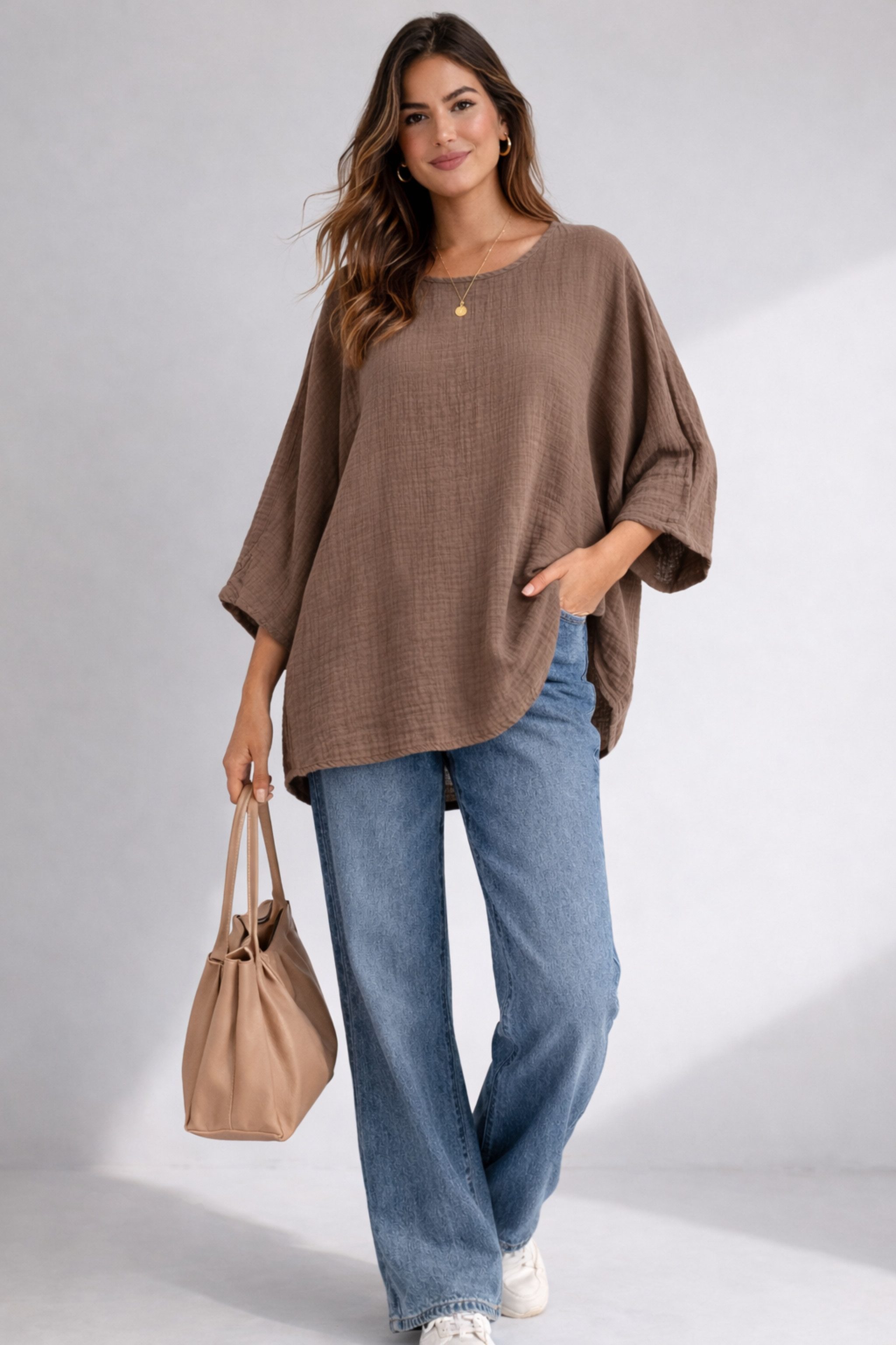 WENOR Blusentop Damen Musselin Oversize Bluse Fledermausärmel lockerer Schnitt, weiter Fall, luftige Sommer Tunika – Bild 2 von 4