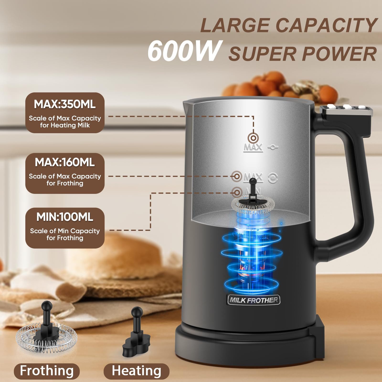 ibettertec Milchaufschäumer elektrischer Milchaufschäumer, 5-in-1 Milchaufschäumer Elektrisch, 600,00 W, 350ml Milchschäumer für Heißer und Kalter