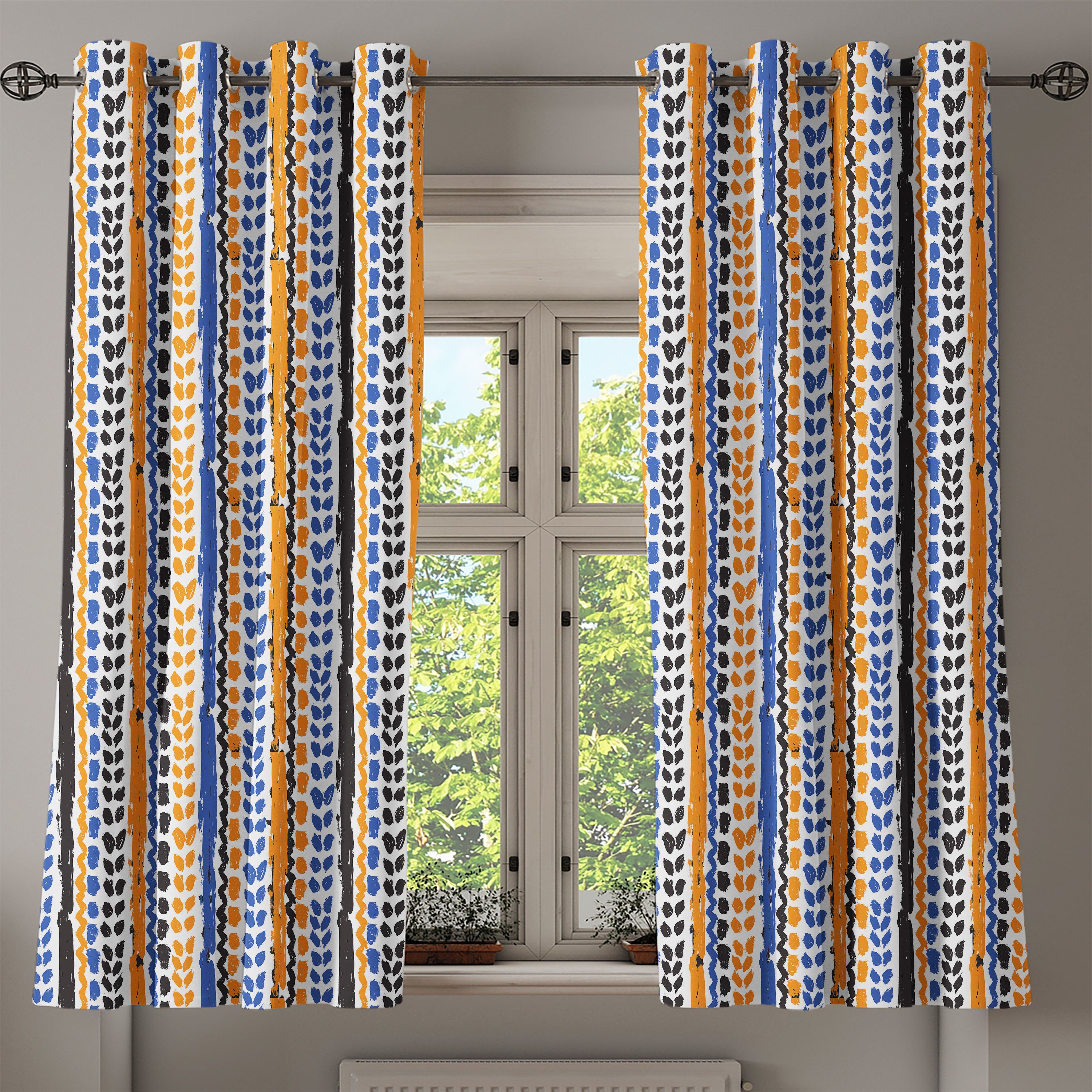 Gardine Dekorative Schlafzimmer Stammes für Wohnzimmer, Abakuhaus, Zickzacklinien Aquarell 2-Panel-Fenstervorhänge