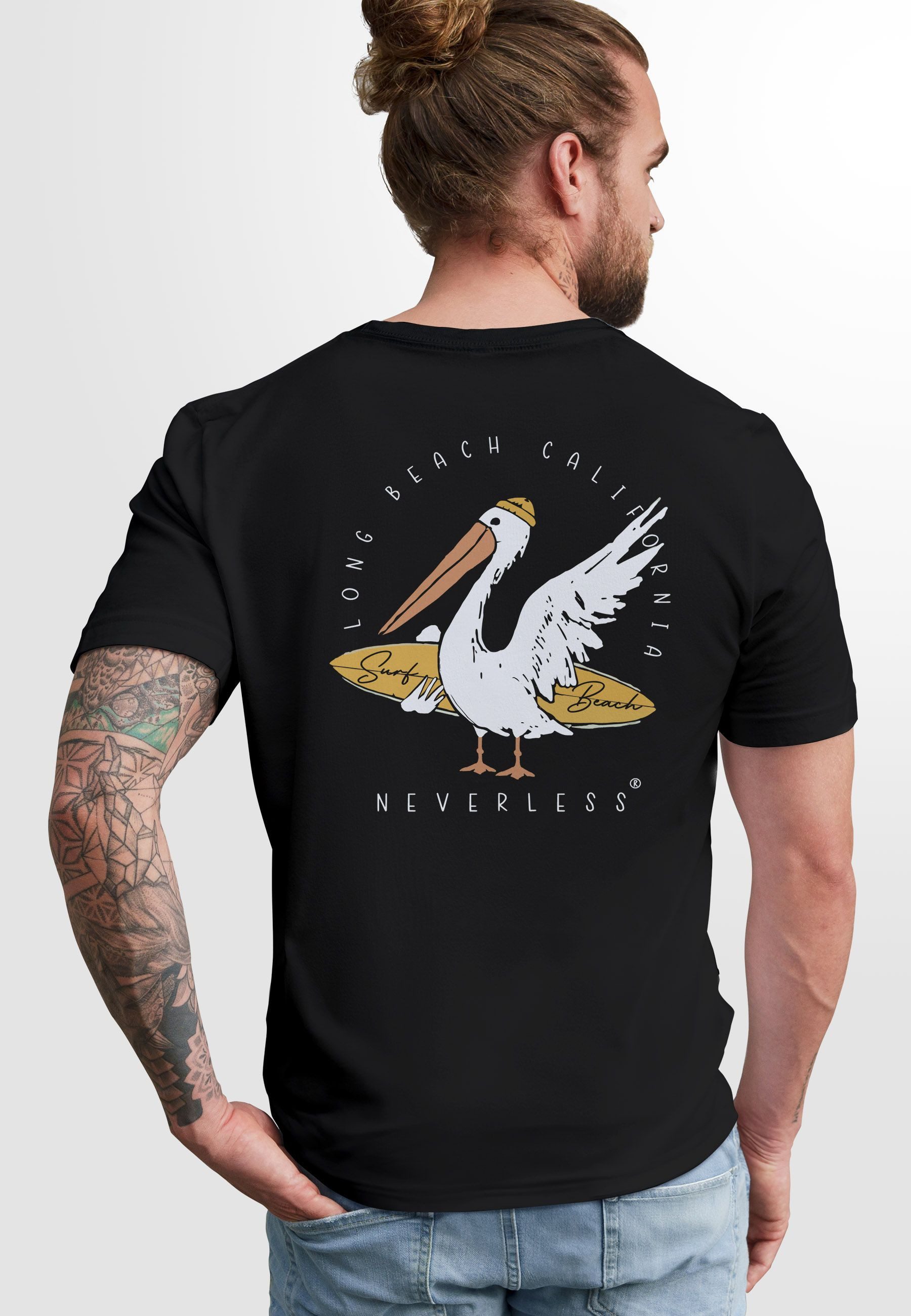 Neverless Print-Shirt Herren T-Shirt Backprint Pelikan Print Surfer Surfboa günstig online kaufen