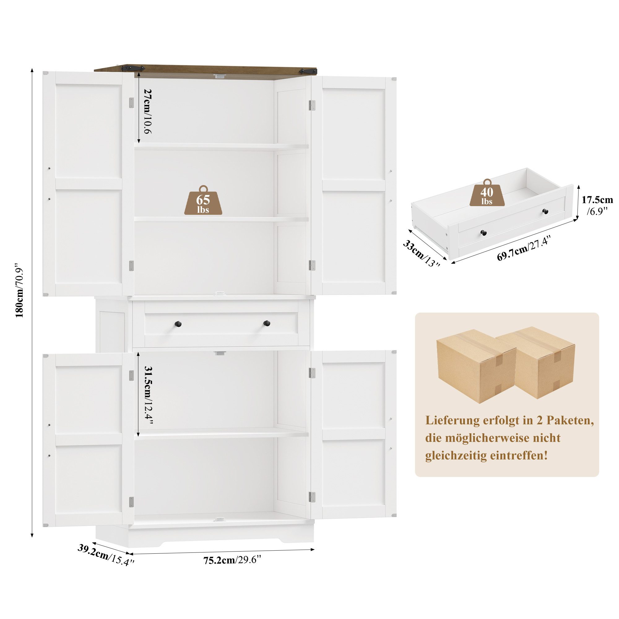 HOMECHO Küchenbuffet 180 cm Hoch Küchenschrank mit 4 Türen und Schubladen