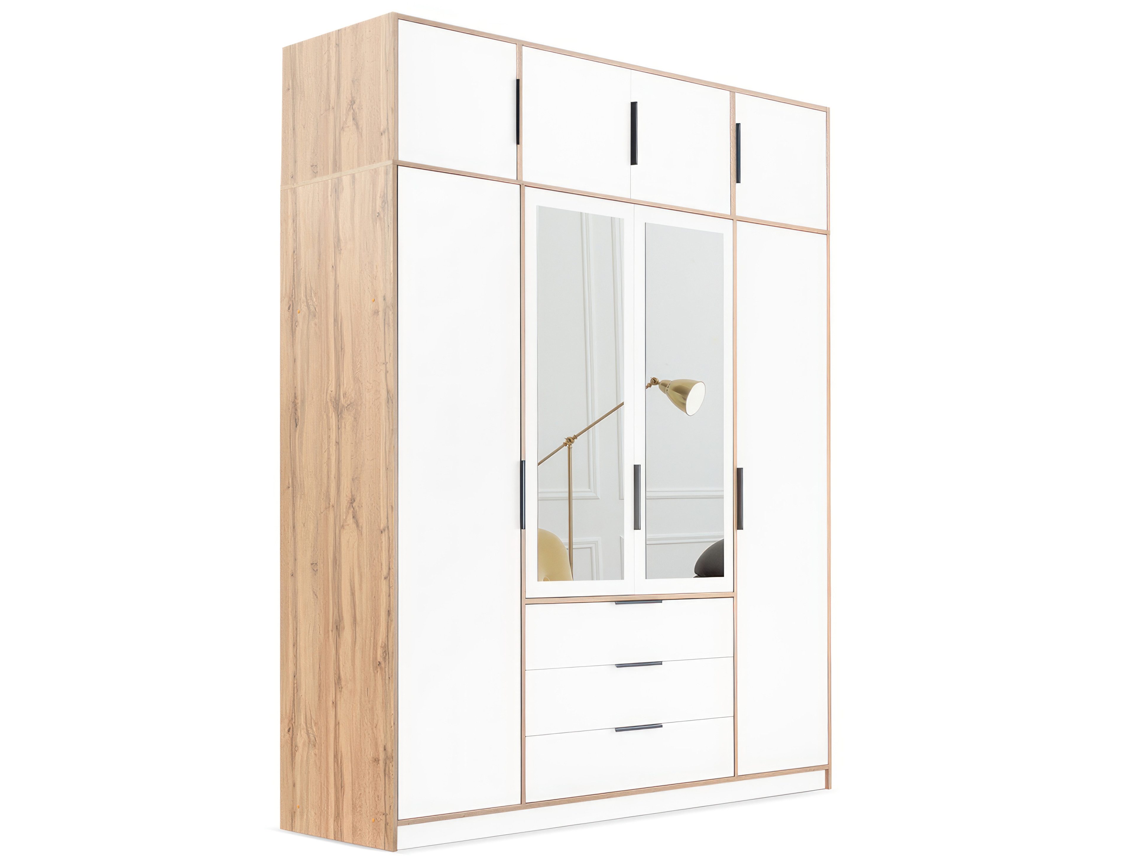 Beautysofa Kleiderschrank mit Spiegel LIVO (Schrank mit 11 Regalen, Kleiderstange und 3 Schubladen, optional mit oder ohne Aufsatz) Breite: 196 cm