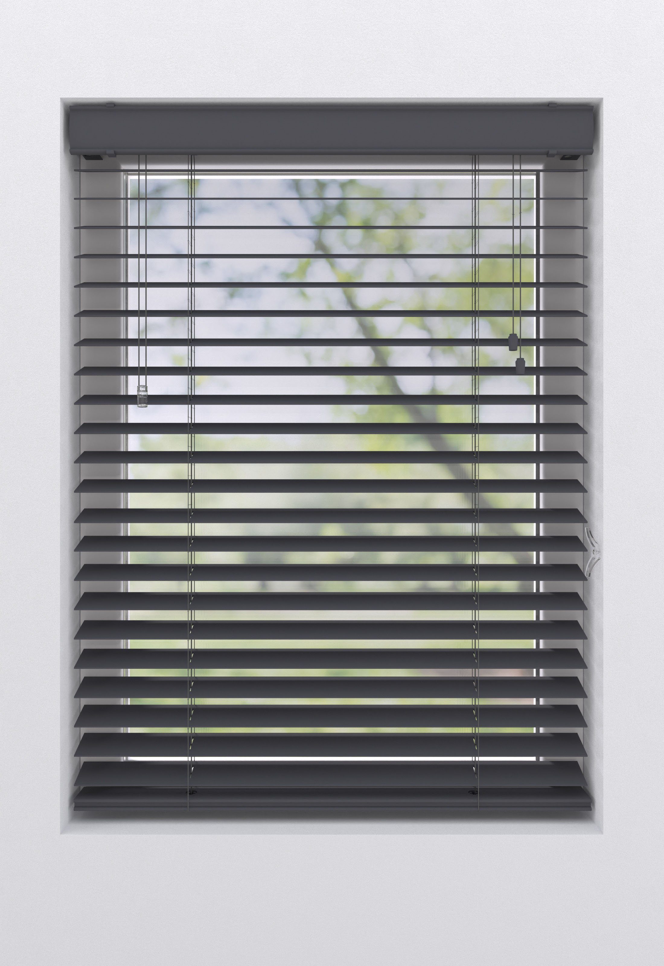 my home Jalousie Ariane, mit Bohren, freihängend, 50mm PVC Lamellen in Holzoptik, Bedienung durch Schnurzug