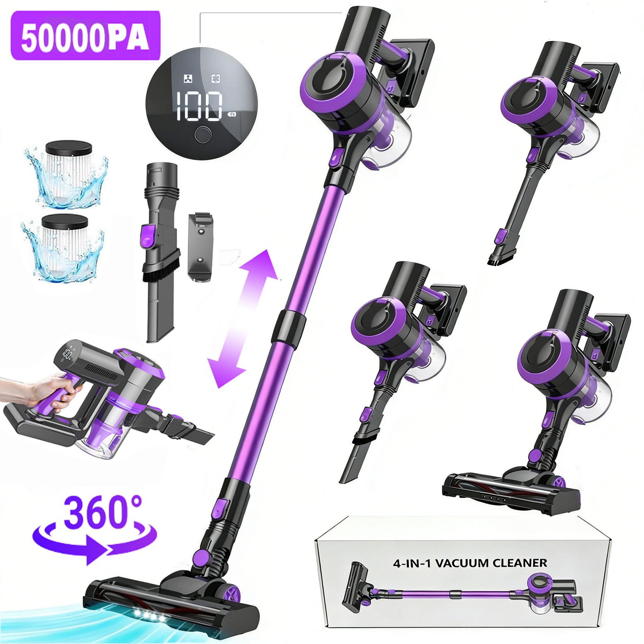 AKKEE Akku-Hand-und Stielstaubsauger Akku Staubsauger, 50000Pa/55min Leichtgewicht staubsauger kabellos, 400 W, beutellos, 5-stufiger HEPA-Filter