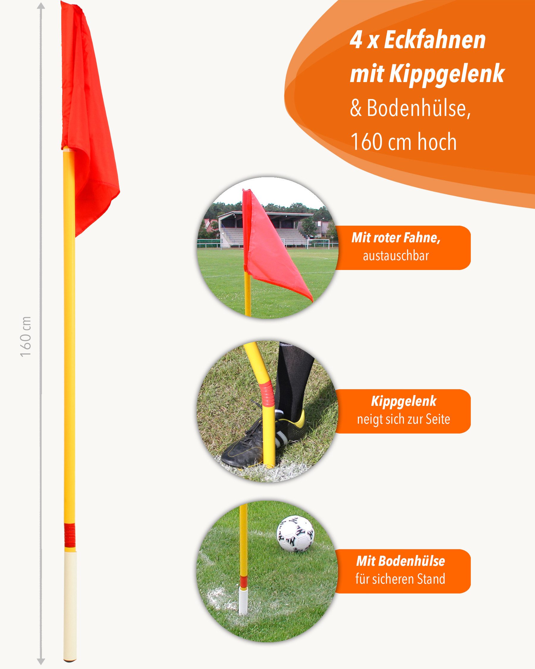 SPORTIKEL24 Eckfahne 4 Kipp-Eckfahnen im Set, mit Kippgelenk, Farben: Rot/Gelb