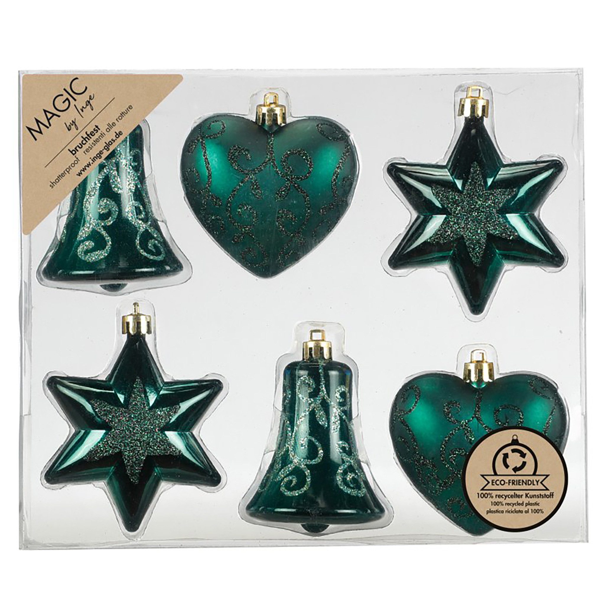 MAGIC by Inge Weihnachtsbaumkugel, Christbaumschmuck Formen Mix 9cm Kunststoff 6er Set - Noble Green