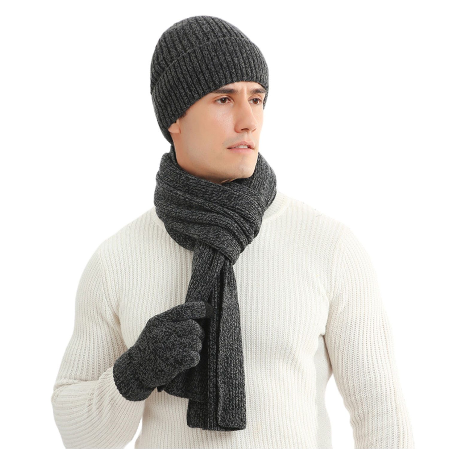 Refttenw Mütze & Schal 3 in 1 Mütze Schal Handschuh Set Für Herren Damen Weiche Warme Gestrickt Winter Strickmütze, Schal & Handschuh-Sets