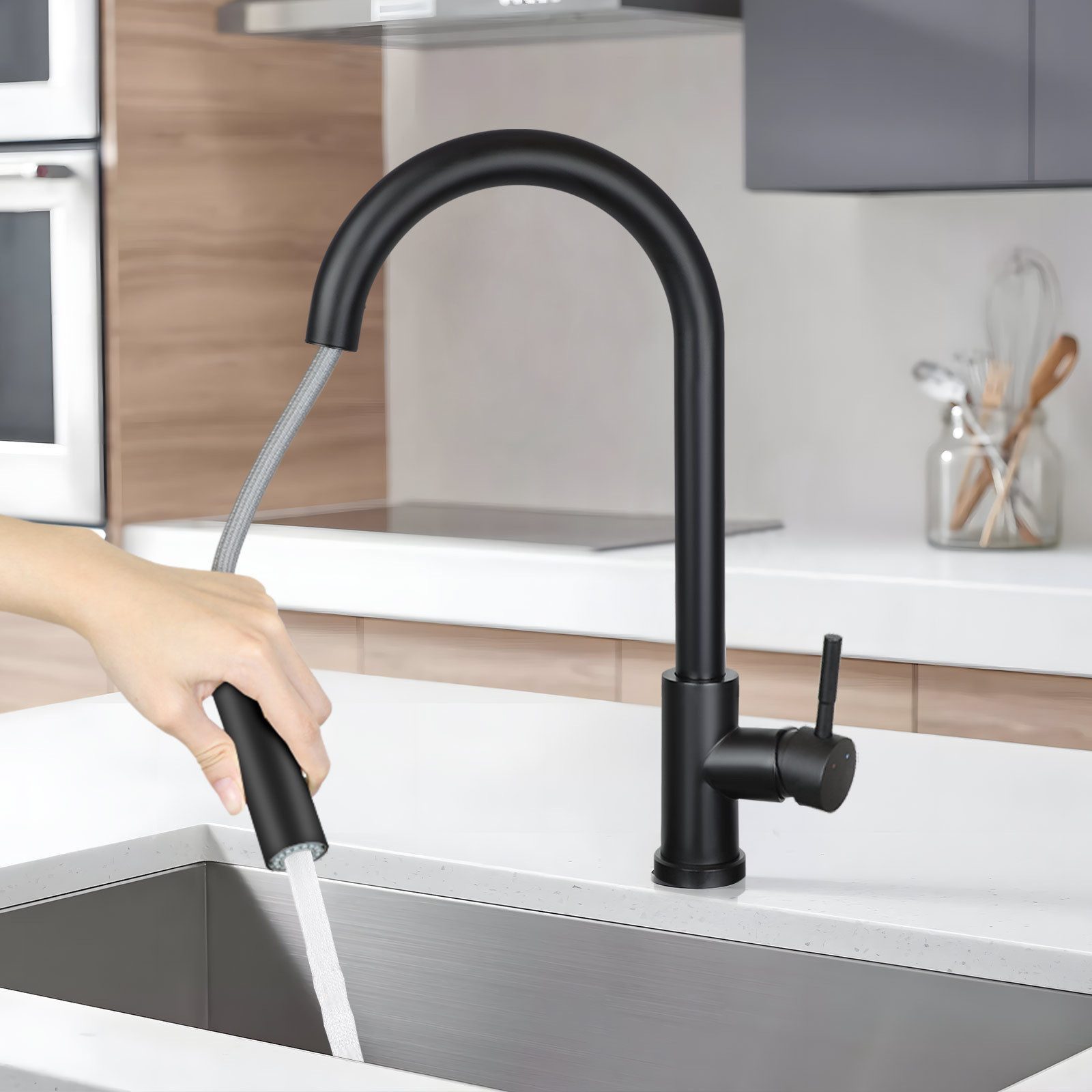 Nettlife Küchenarmatur Ausziehbar Schwarz Wasserhahn Küche Spültischarmatur mit Brause Edelstahl Mischbatterie Spüle 360° Drehbar mit 2 Strahlarten