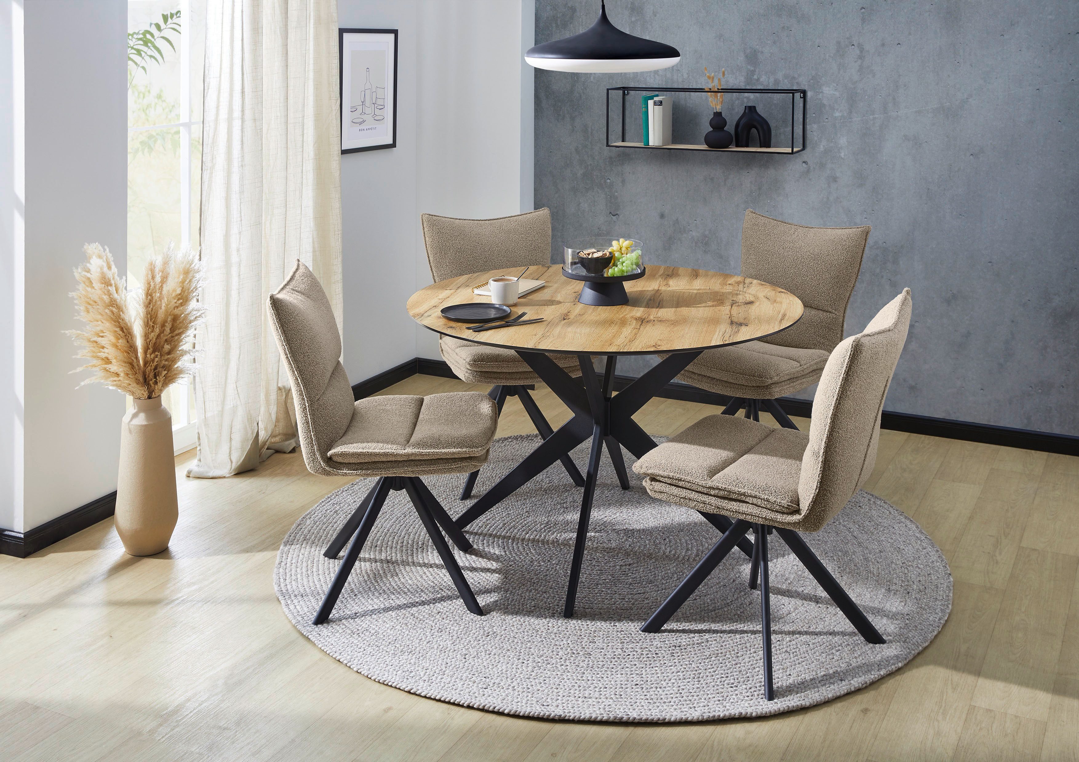 Jockenhöfer Gruppe Essgruppe Thilo/Florina, Sitzgruppe (Set, 5-tlg, 1 Tisch und 4 Stühle), (5-tlg), Tisch Durchmesser 120 cm, Wildeiche, Stühle 360° drehbar