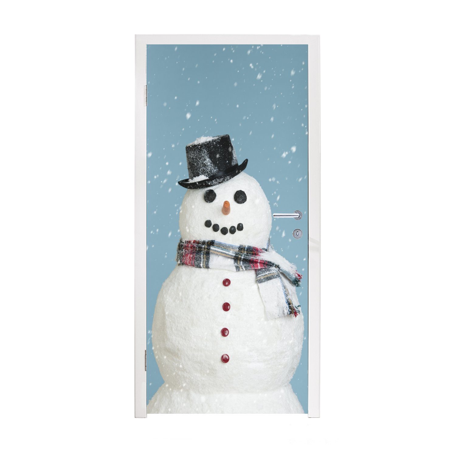 MuchoWow Türtapete Ein glücklicher Schneemann zu Weihnachten mit einem hellblauen, Matt, bedruckt, (1 St), Fototapete für Tür, Türaufkleber, 75x205 cm