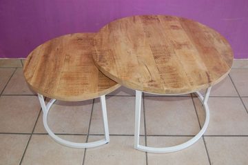 Couchcenter Couchtisch 2er Set Couchtisch Mangoholz rund Metall Mango Satztische Weiß Natur (2er Set), Tischplatten aus Mango Massiv Holz