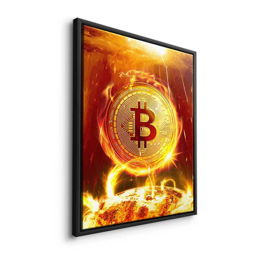 Motivatio - - DOTCOMCANVAS® weißer Rahmen Leinwandbild Crypto Bitcoin - Leinwandbild Trading Premium Bitcoin on Fire, Fire on -