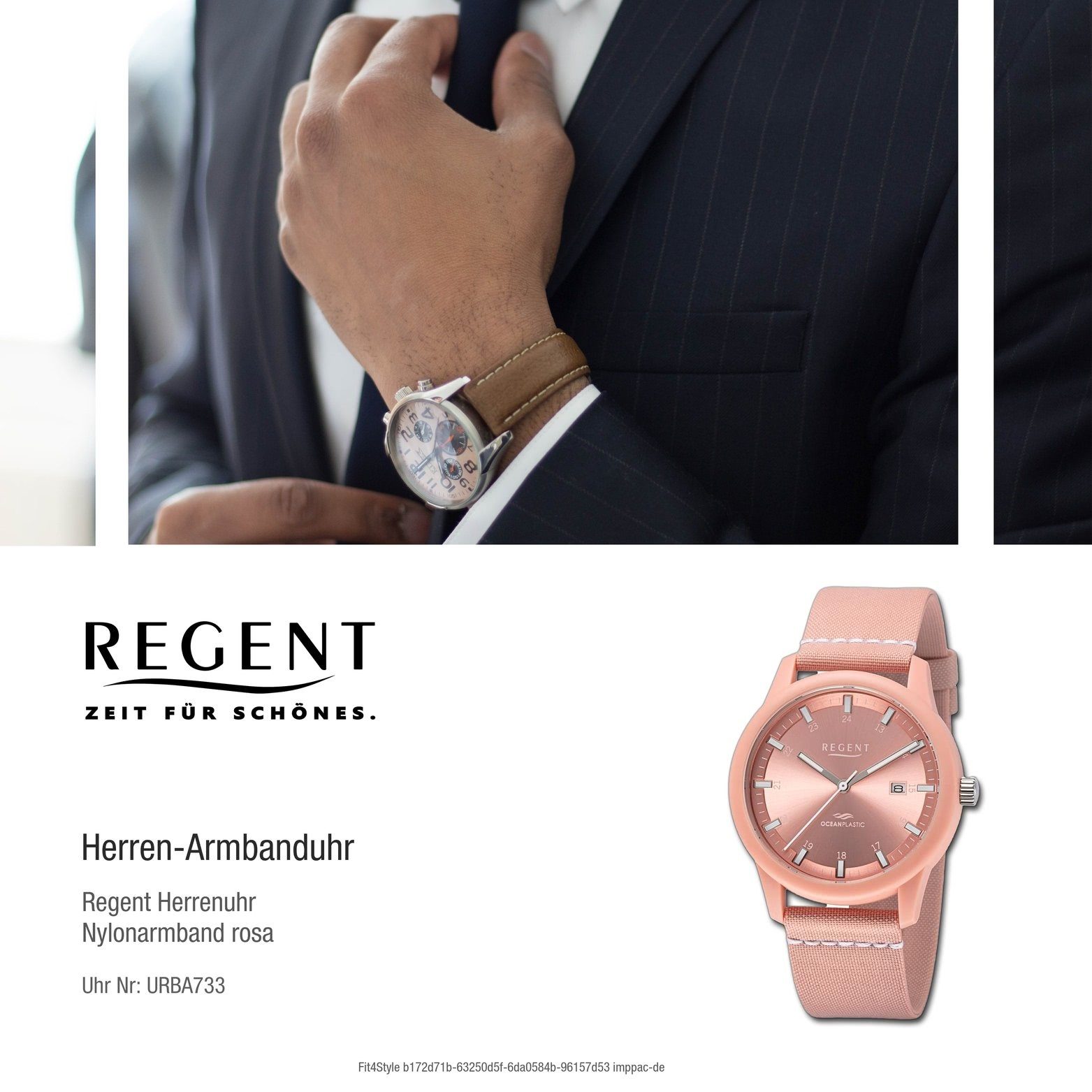 Regent Quarzuhr Regent Analog, Gehäuse, (ca. rosa, Herrenuhr Armbanduhr 40mm) weiß, rundes Herren Nylonarmband groß
