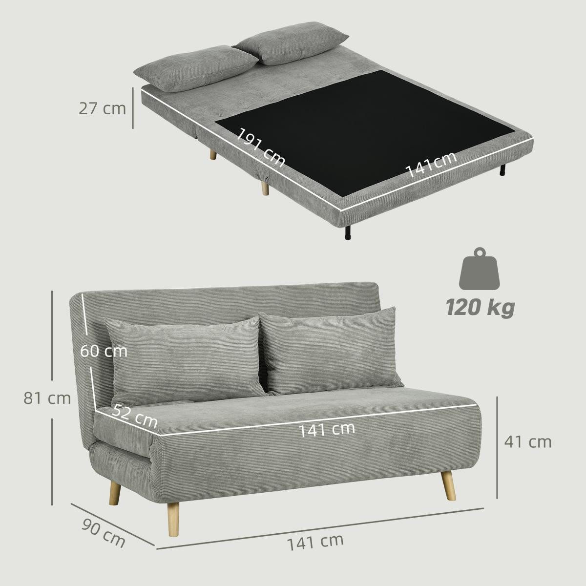 FELIXLEO Schlafsofa Schlafsofa Gästebett 3-fach verstellbare Rückenlehne bis 120 kg Grau, 1 Teile
