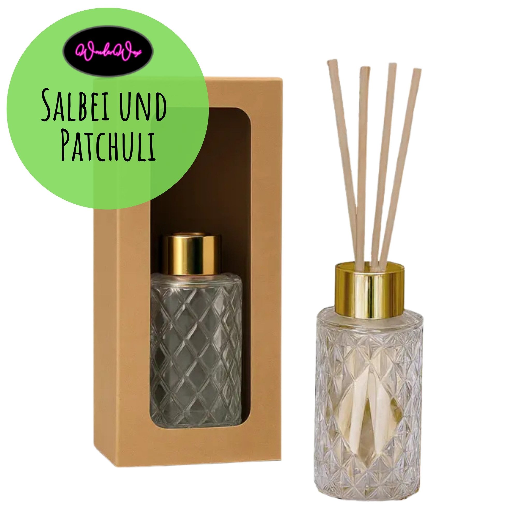 WonderWax Raumduft WonderWax® Kristall Set 100 ml + 5 Stäbchen Reed Diffuser, (Salbei und Patchuli), Duftrichtung: Salbei und Patchuli