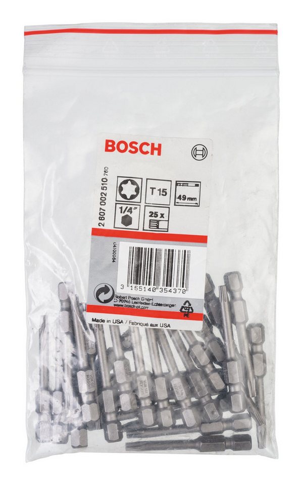 Thumbnail - BOSCH Torx-Bit, 25 Stück, Schrauberbit Extra-Hart - T15 x 49 mm - 25er-Pack