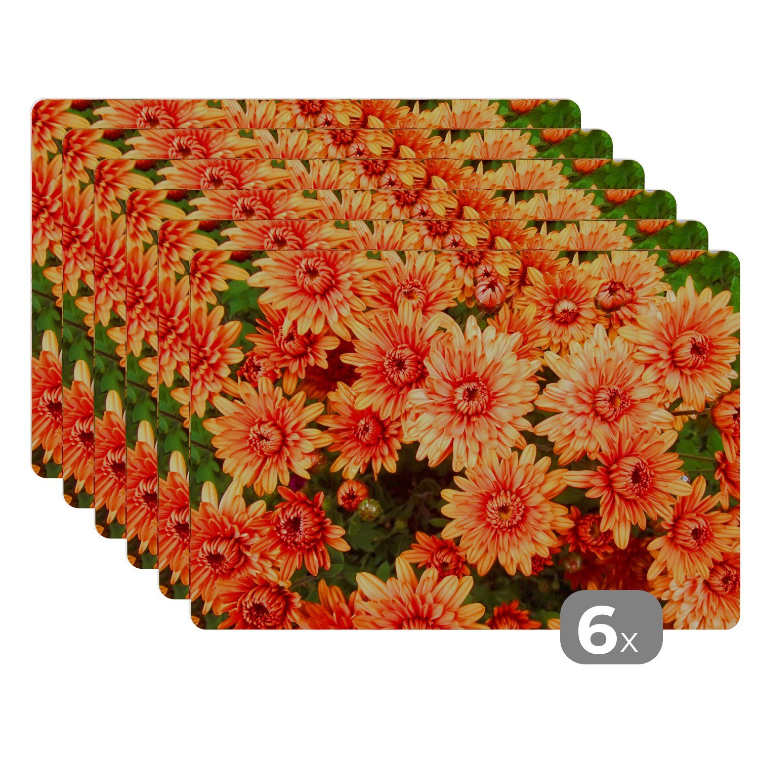 Platzset, Chrysantheme, - Platzdecken, (6-St), Blumen Schmutzabweisend Platzset, - Orange MuchoWow, Platzmatte, Tischmatten,