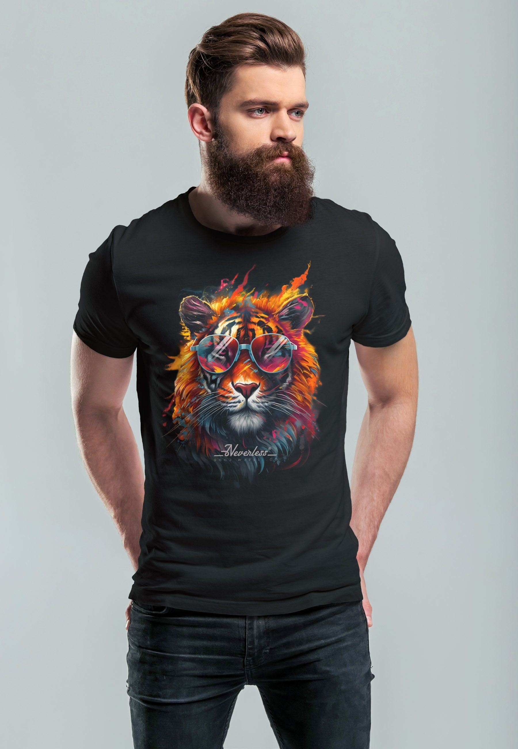 Neverless Print-Shirt Herren T-Shirt Tiger Sonnenbrille Aufdruck Kunst schwarz mit Flammen Print Sommer Print